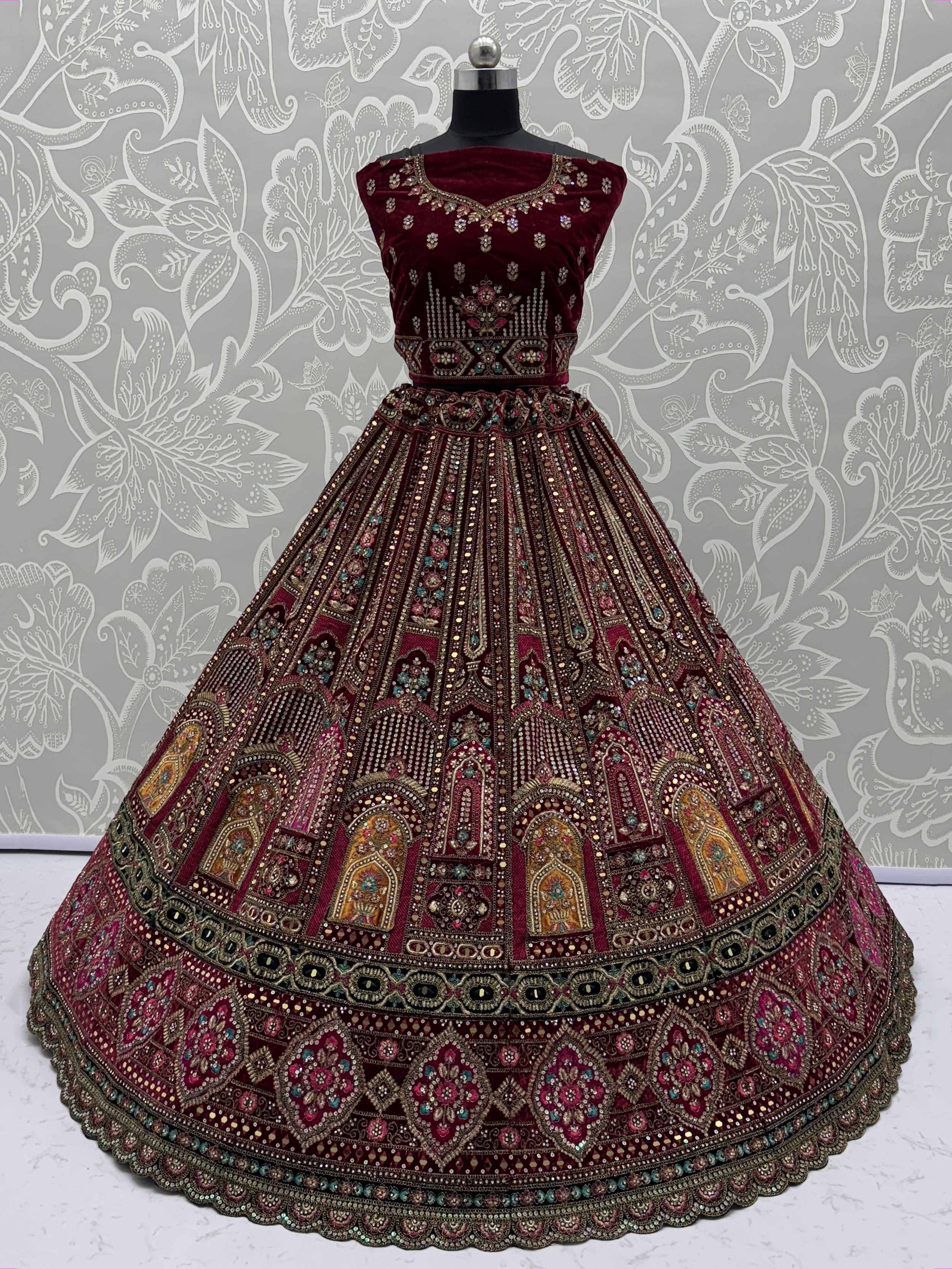 Beautiful Maroon Embroidered Bridal Lehenga Choli With Double Dupatta