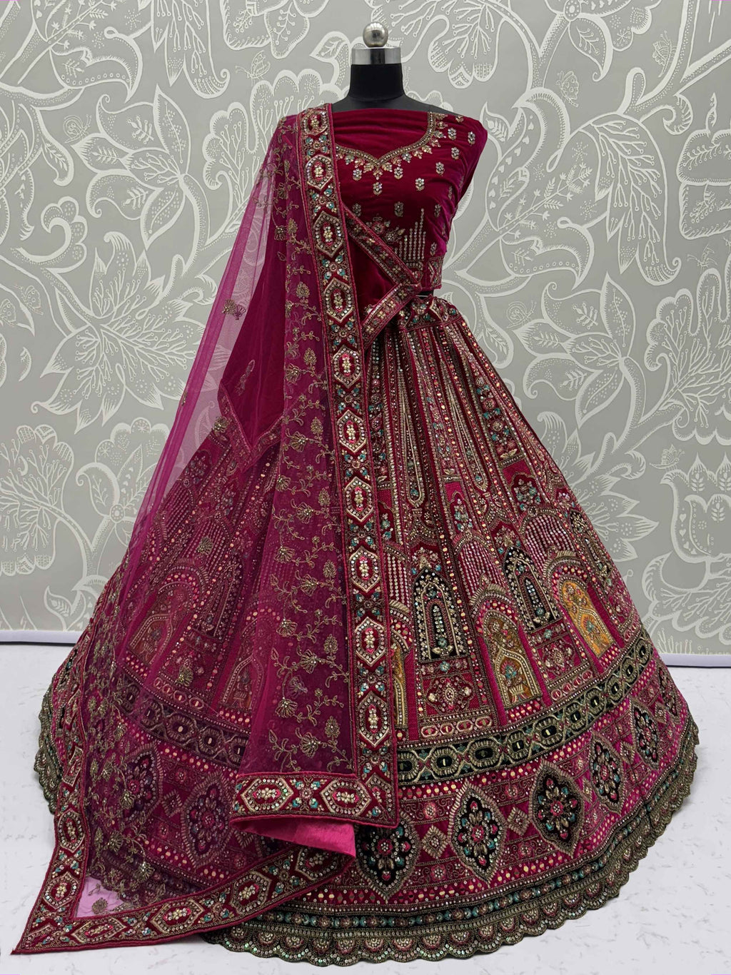 Dazzling Pink Velvet Zircon Work Bridal Lehenga With Double Dupatta