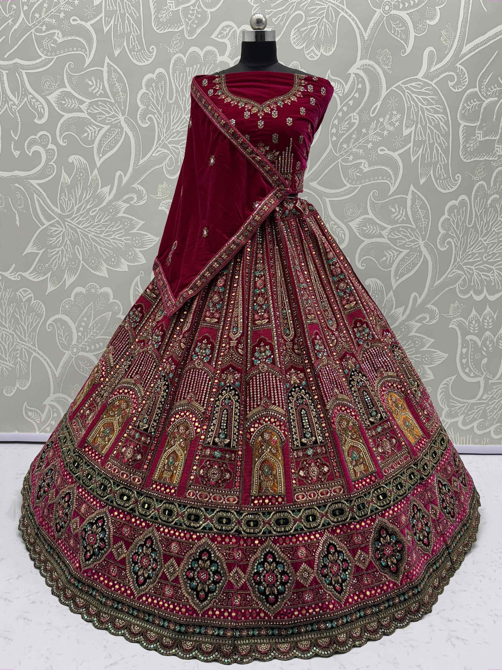 Dazzling Pink Velvet Zircon Work Bridal Lehenga With Double Dupatta