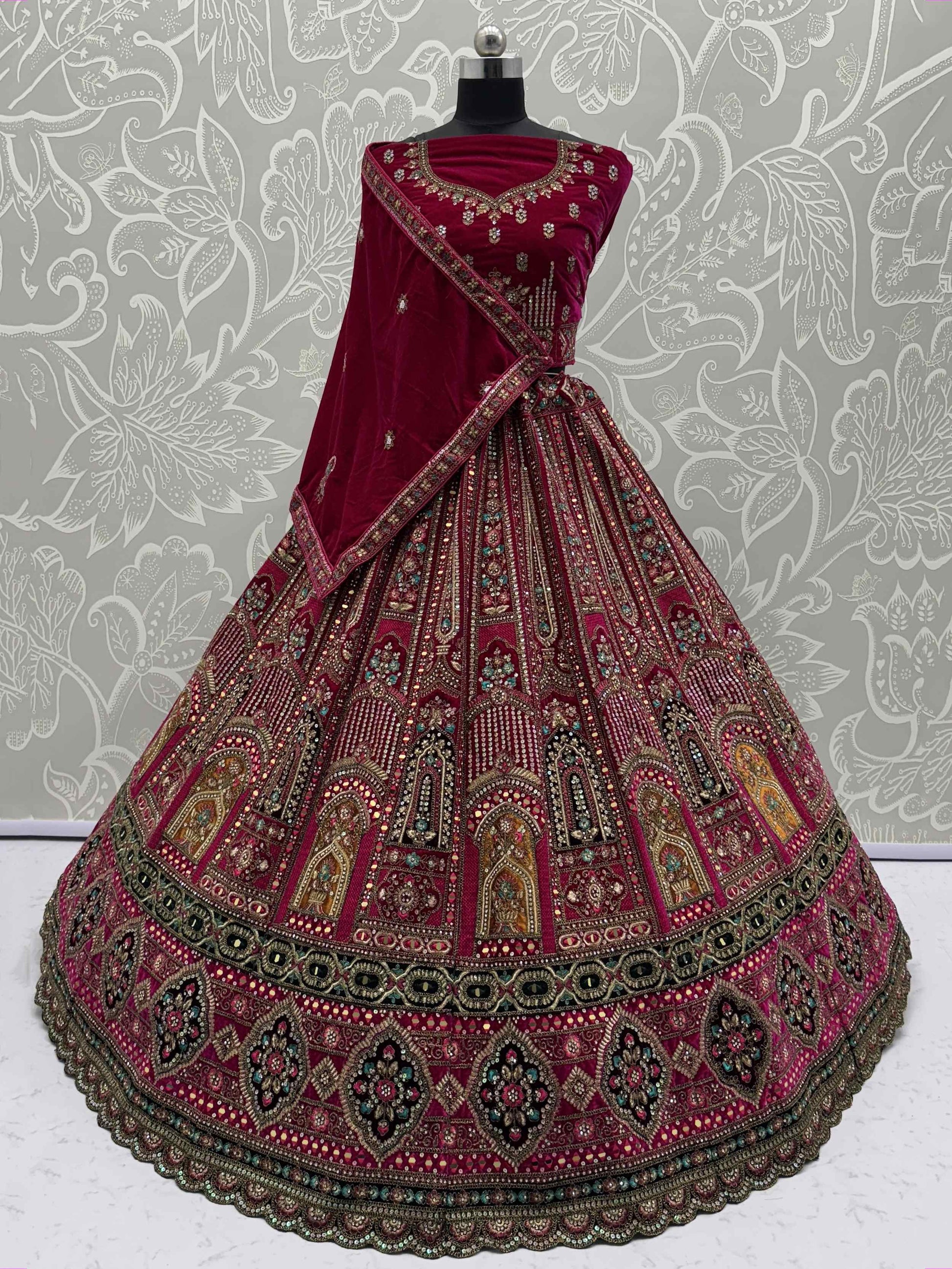 Dazzling Pink Velvet Zircon Work Bridal Lehenga With Double Dupatta