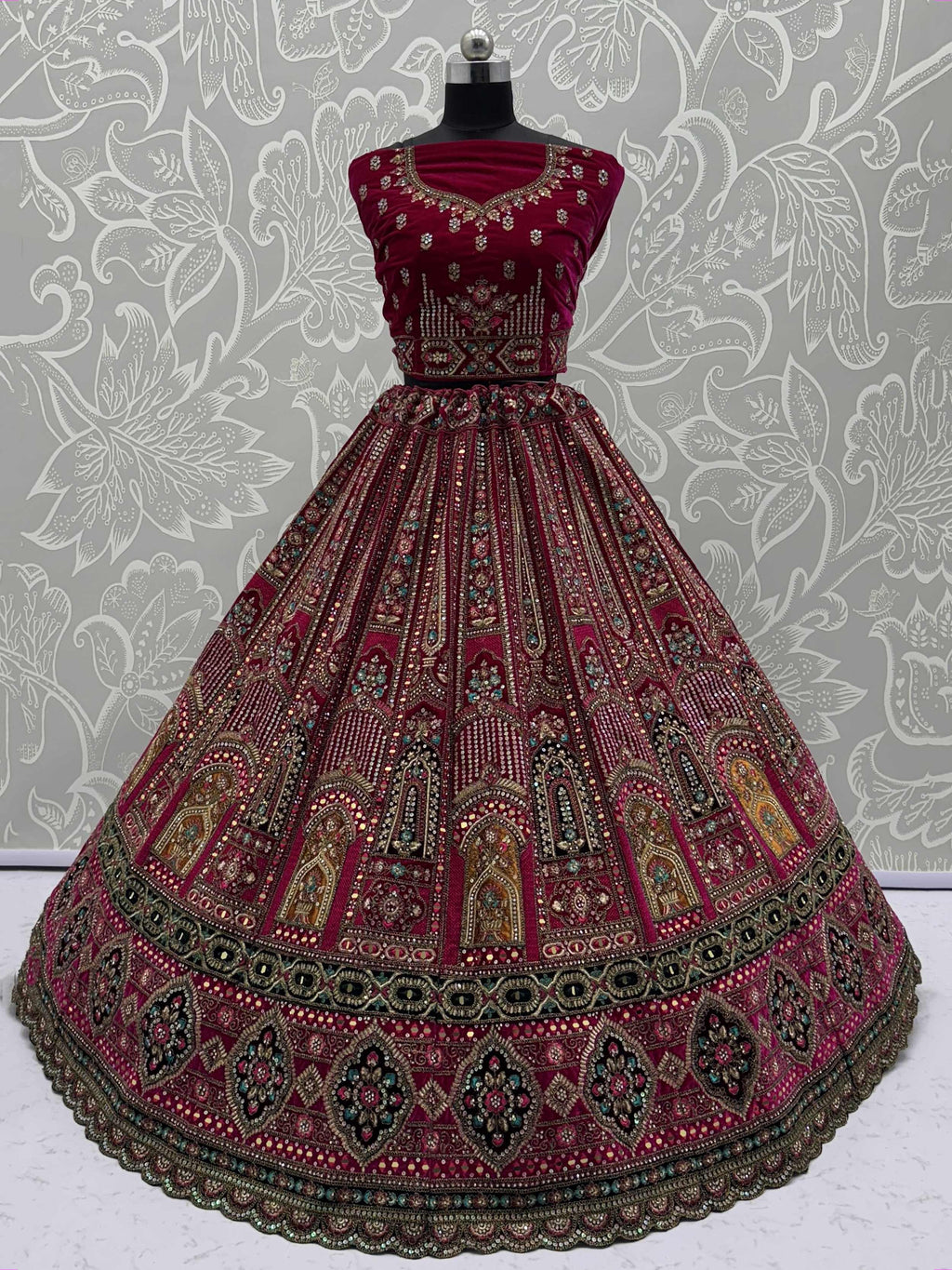 Dazzling Pink Velvet Zircon Work Bridal Lehenga With Double Dupatta