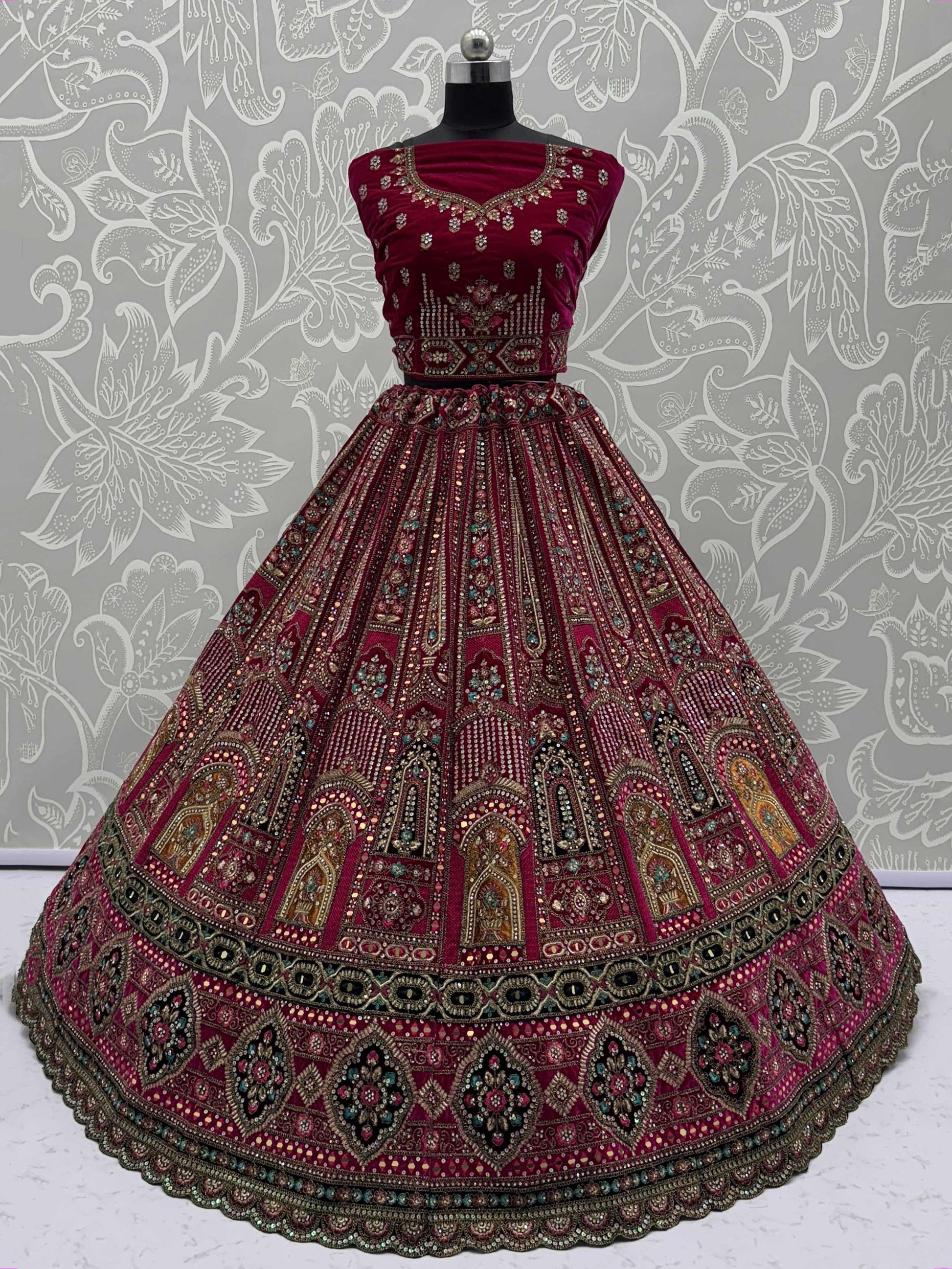 Dazzling Pink Velvet Zircon Work Bridal Lehenga With Double Dupatta
