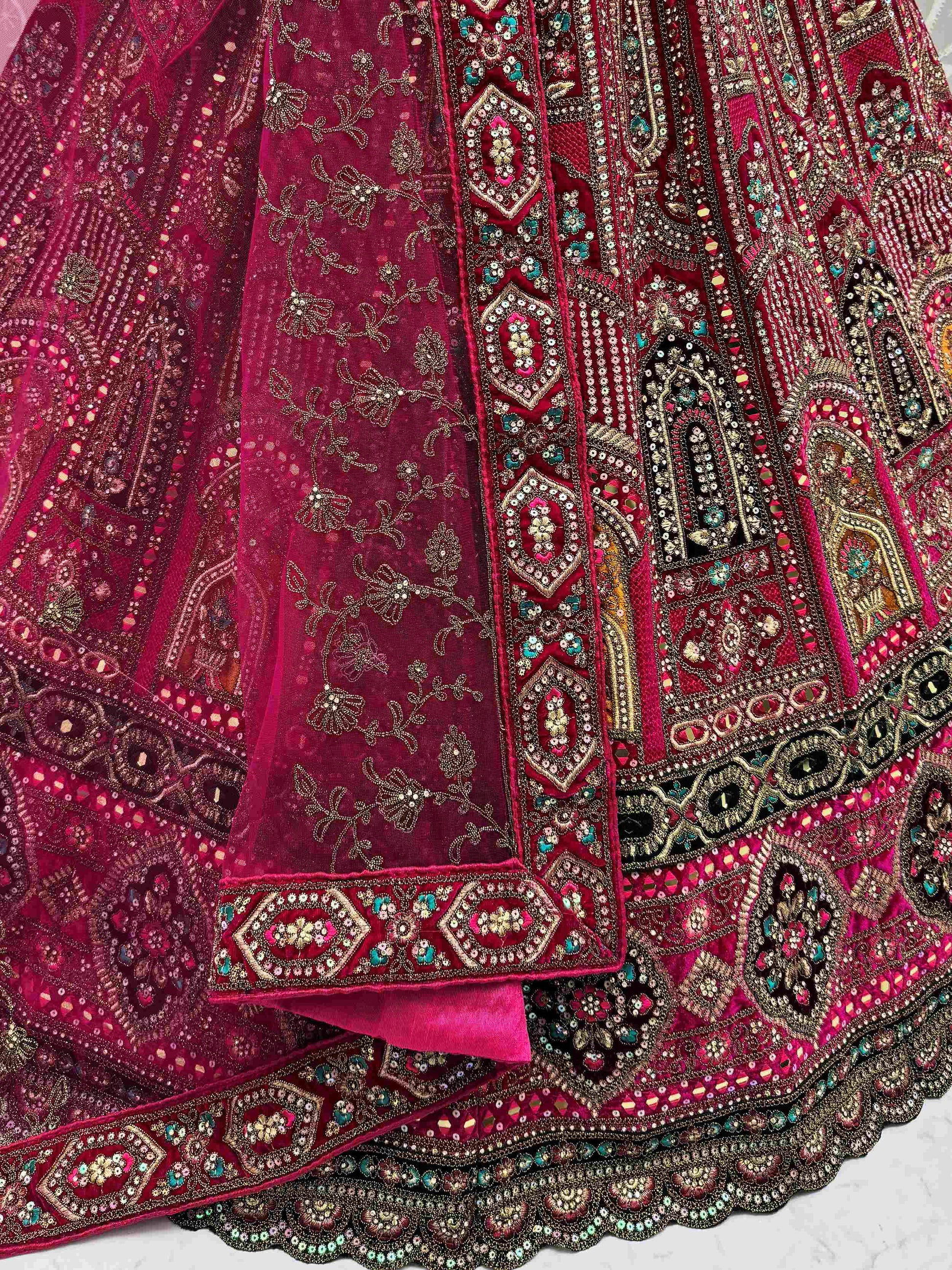 Dazzling Pink Velvet Zircon Work Bridal Lehenga With Double Dupatta