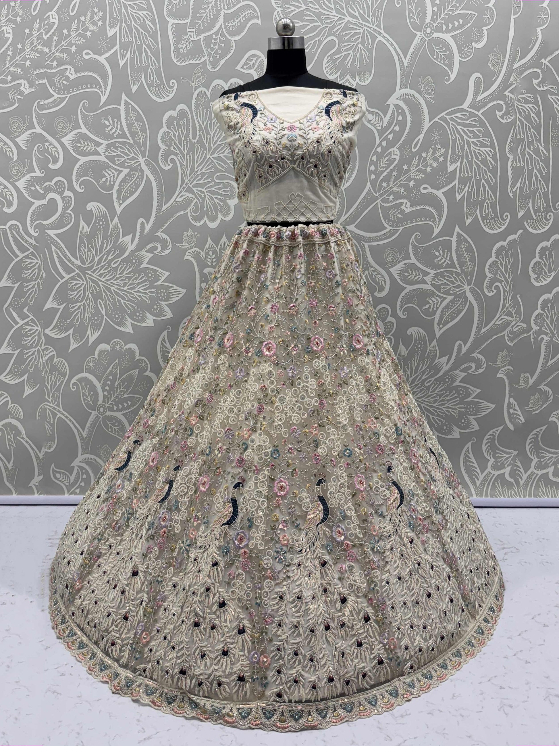 Astonishing White Net Zircon Work Engagement Wear Lehenga Choli