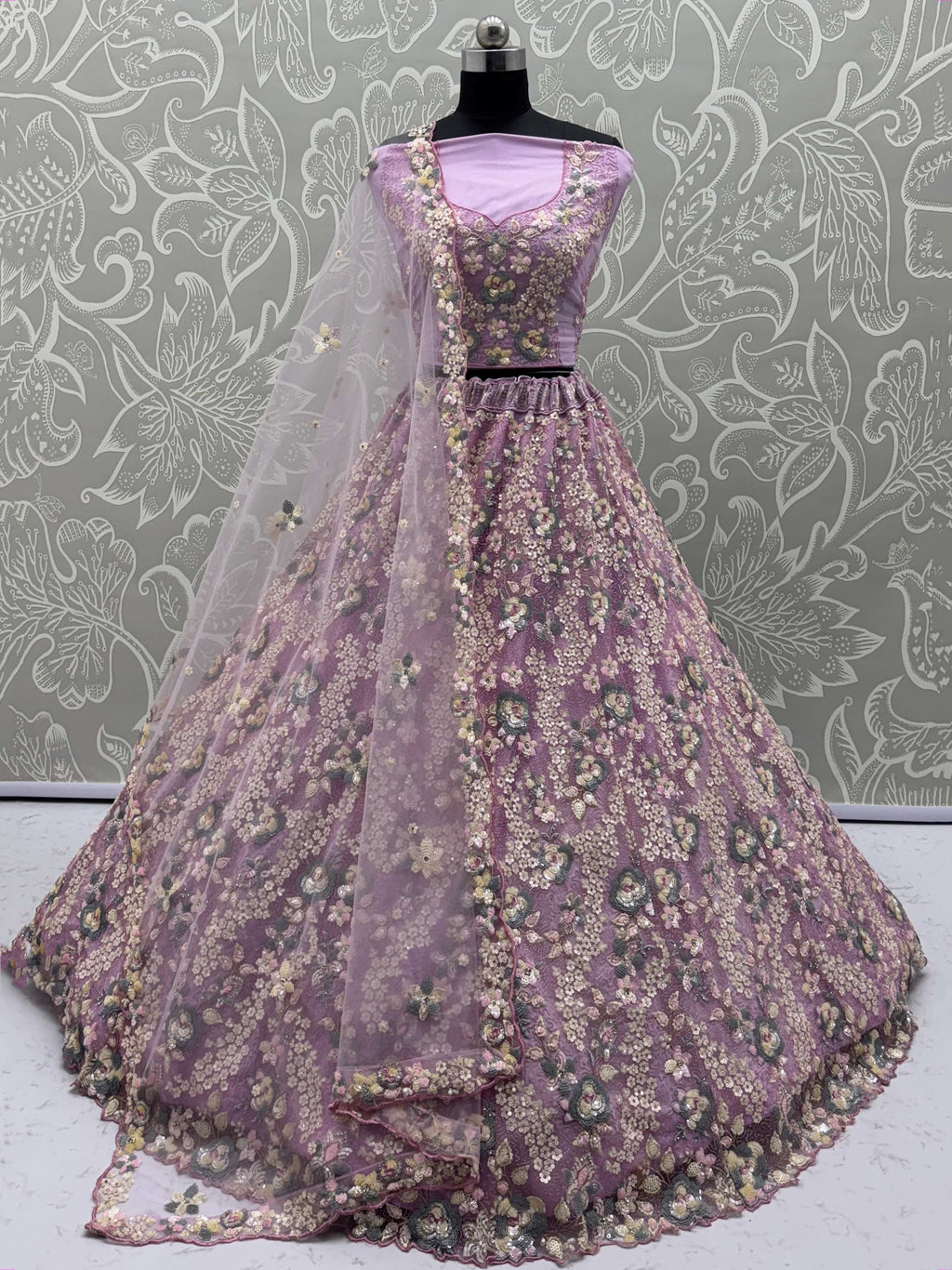 Spectacular Lilac Net Floral Embroidered Function Wear Lehenga Choli