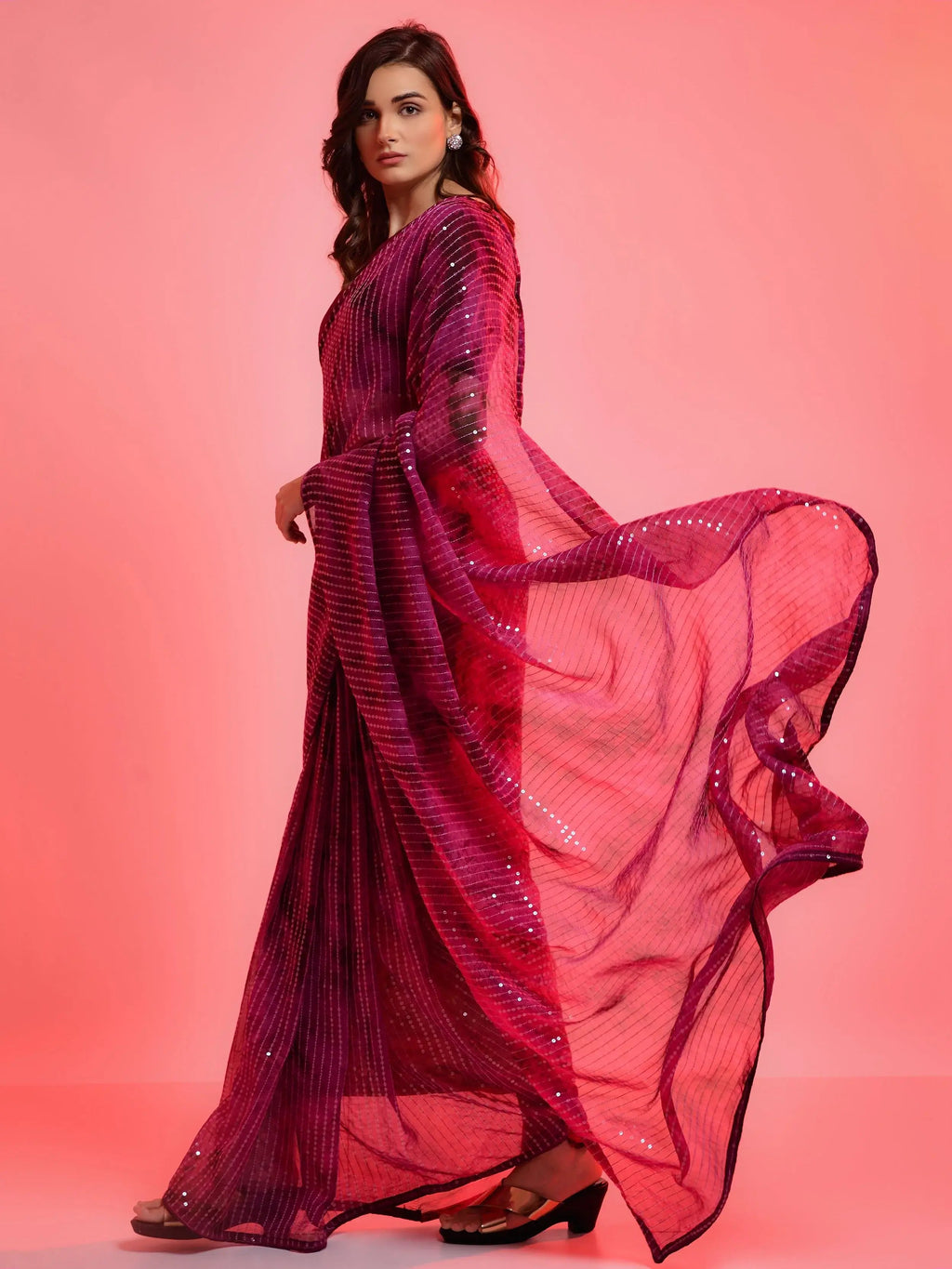 Gorgeous Magenta Chiffon Sequins Party Wear Saree With Blouse