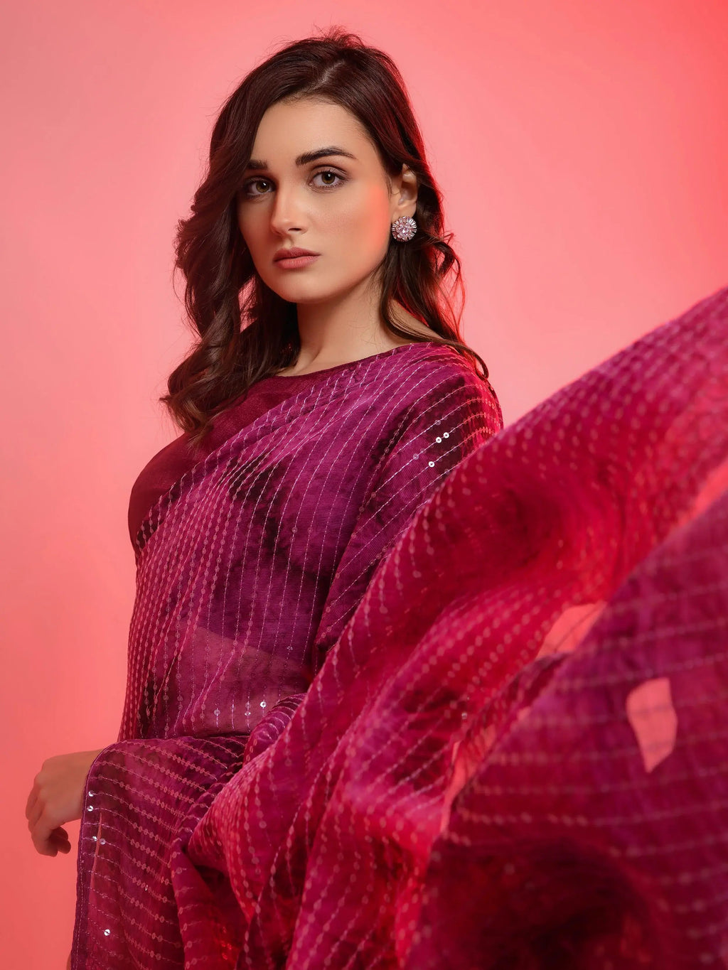 Gorgeous Magenta Chiffon Sequins Party Wear Saree With Blouse