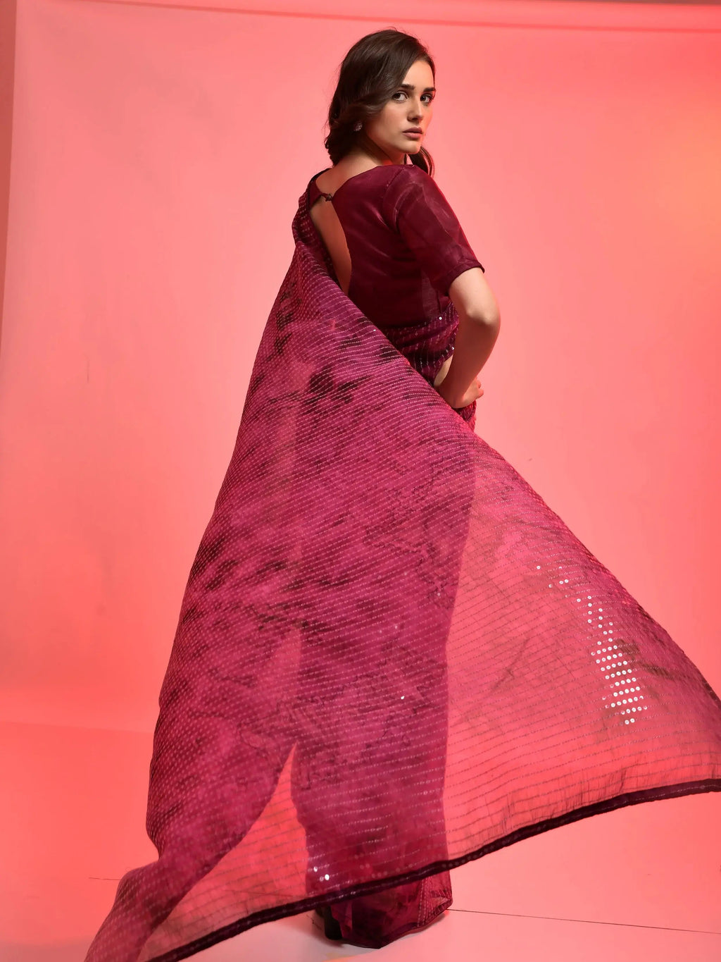 Gorgeous Magenta Chiffon Sequins Party Wear Saree With Blouse