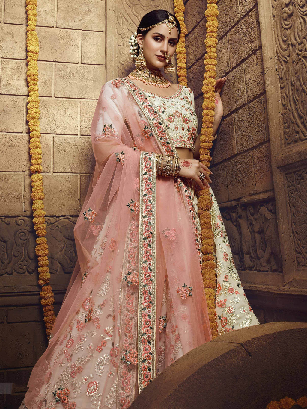 Alluring Off White Georgette Embroidered Bridesmaid Lehenga Choli