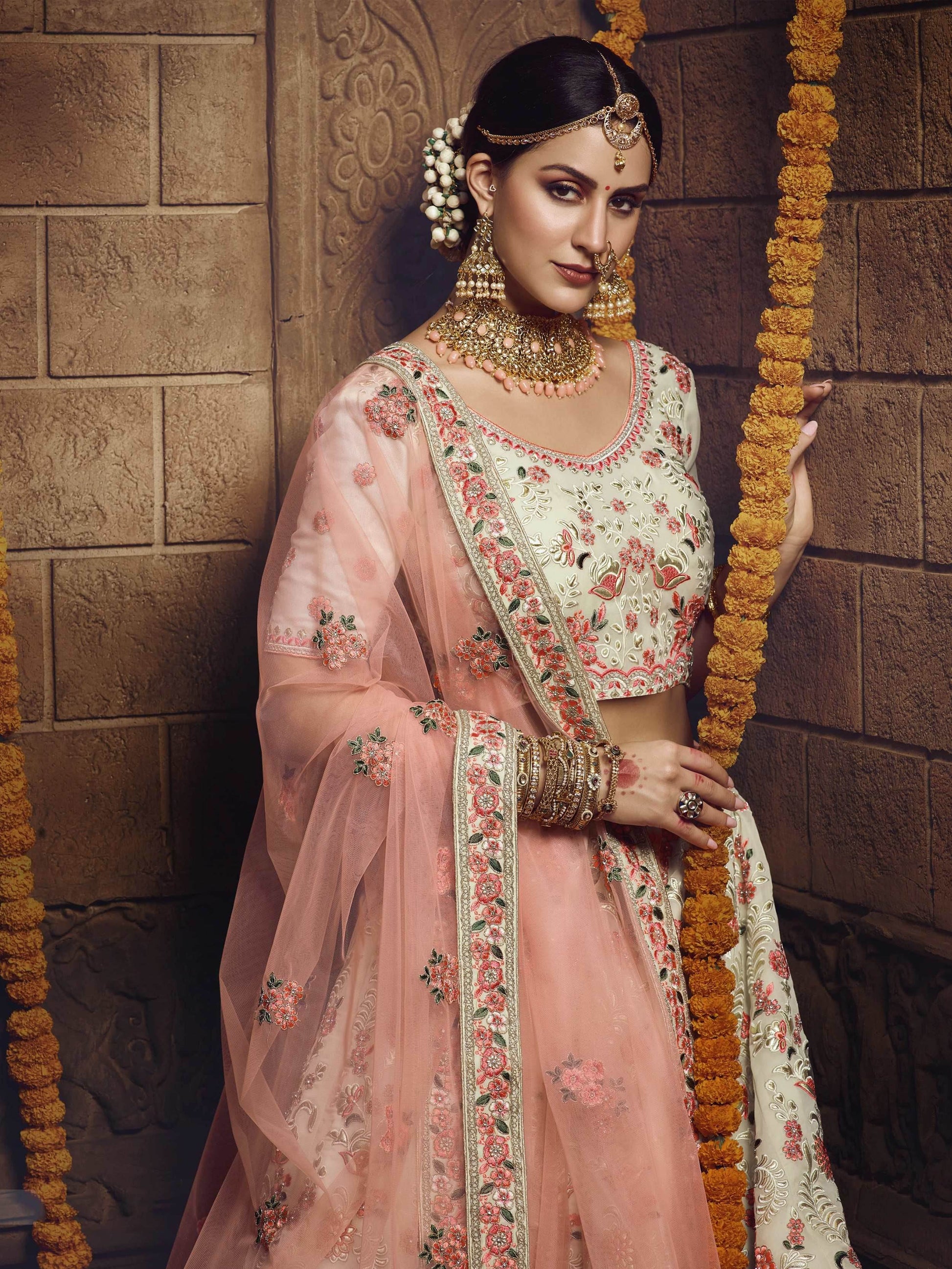 Alluring Off White Georgette Embroidered Bridesmaid Lehenga Choli