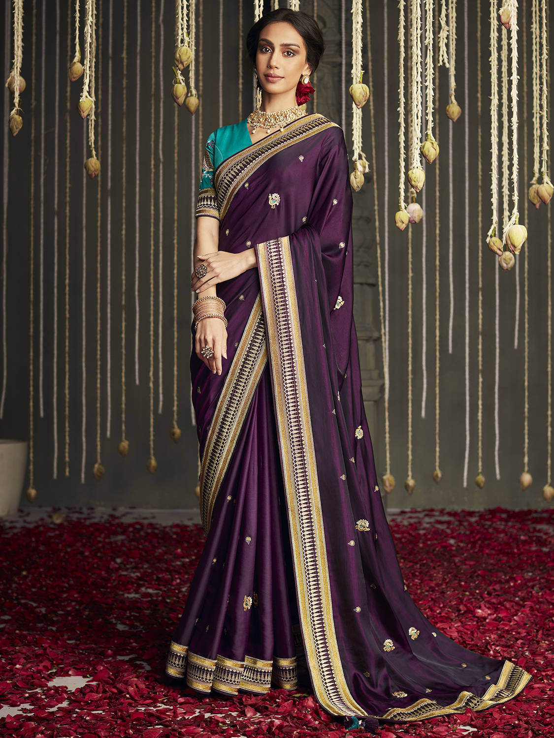 Fantastic Purple Silk Embroidered Reception Wear Saree With Blouse