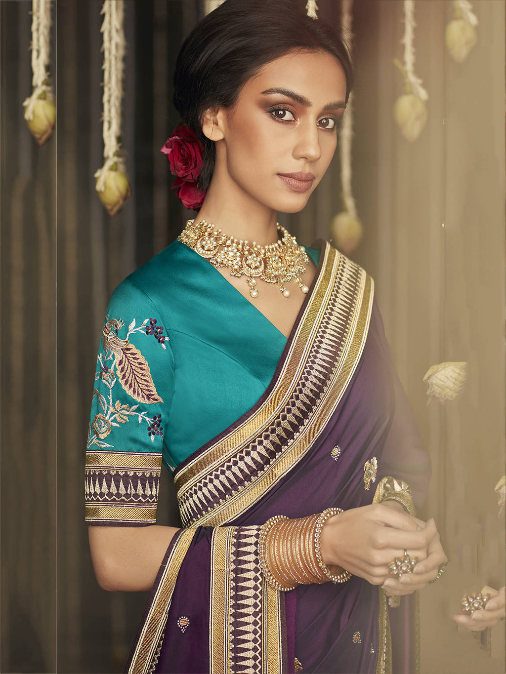 Fantastic Purple Silk Embroidered Reception Wear Saree With Blouse