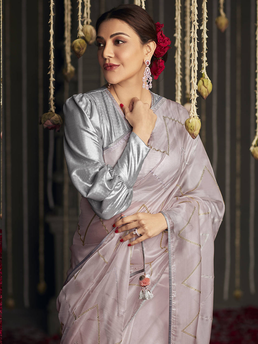 Graceful Light Pink Silk Swarovski Work Designer Saree With Blouse