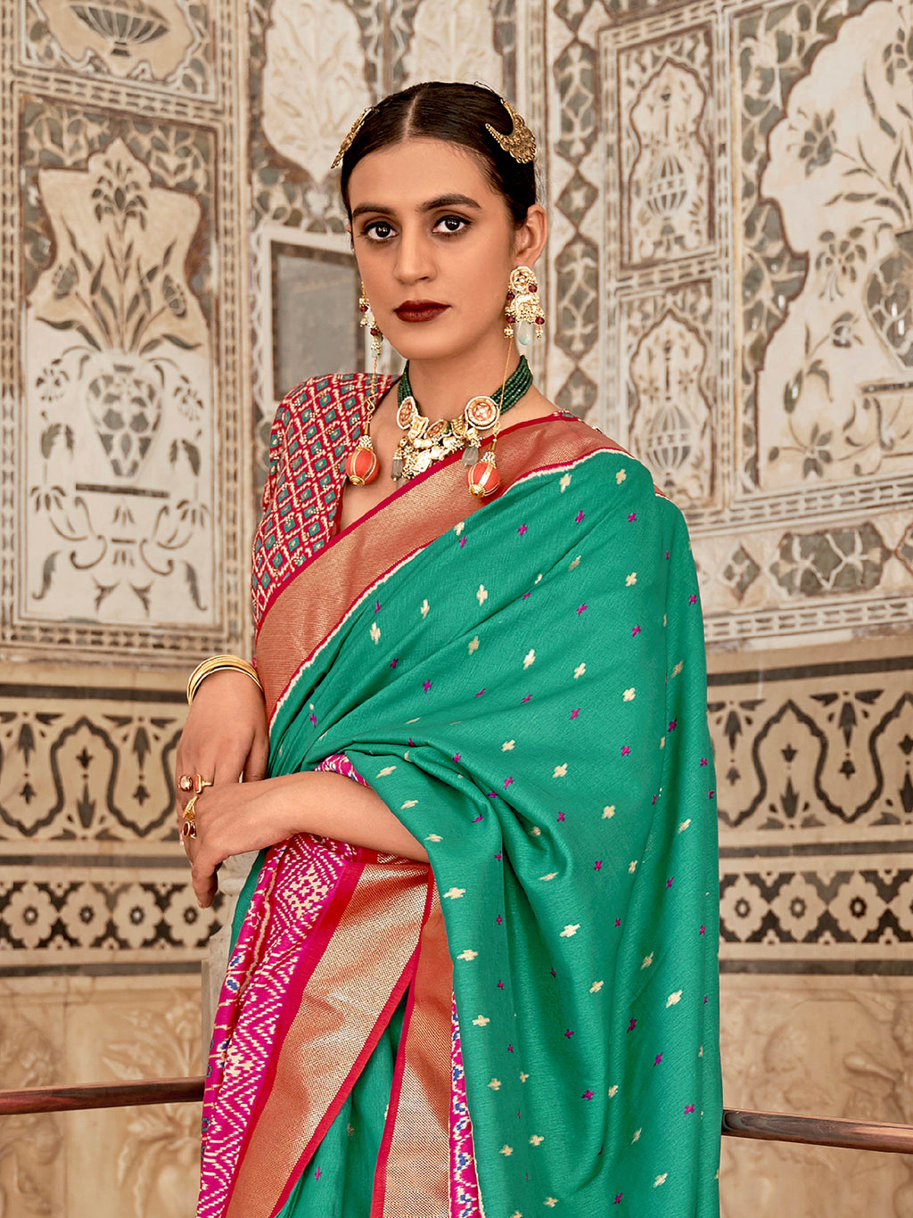 Awesome Green Cotton Patola Printed Traditional Saree With Blouse