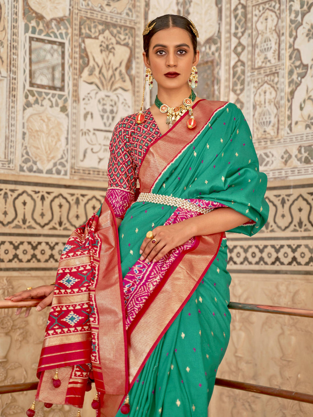 Awesome Green Cotton Patola Printed Traditional Saree With Blouse