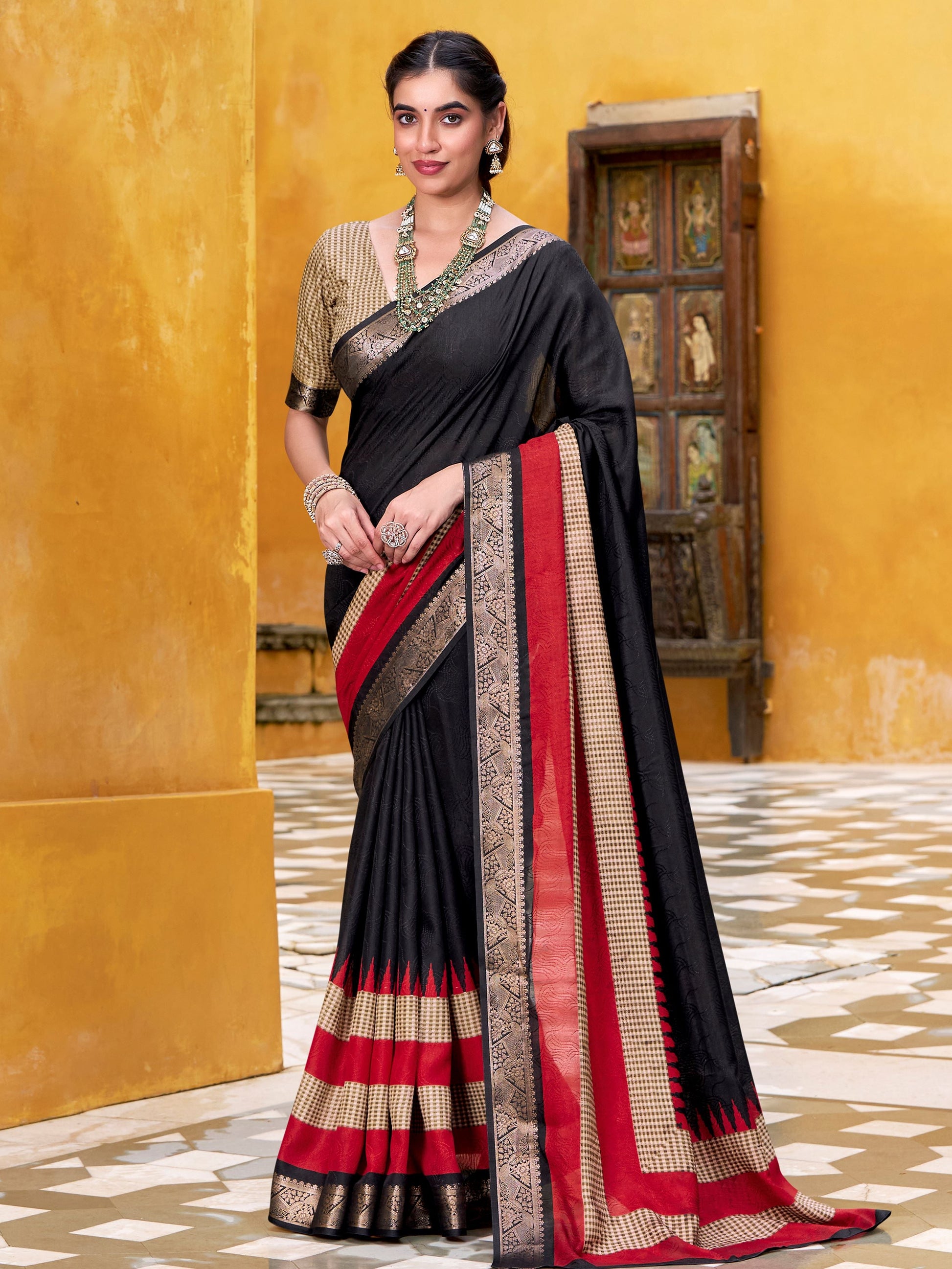 Artistic Black Poly Cotton Printed Casual Wear Saree With Blouse