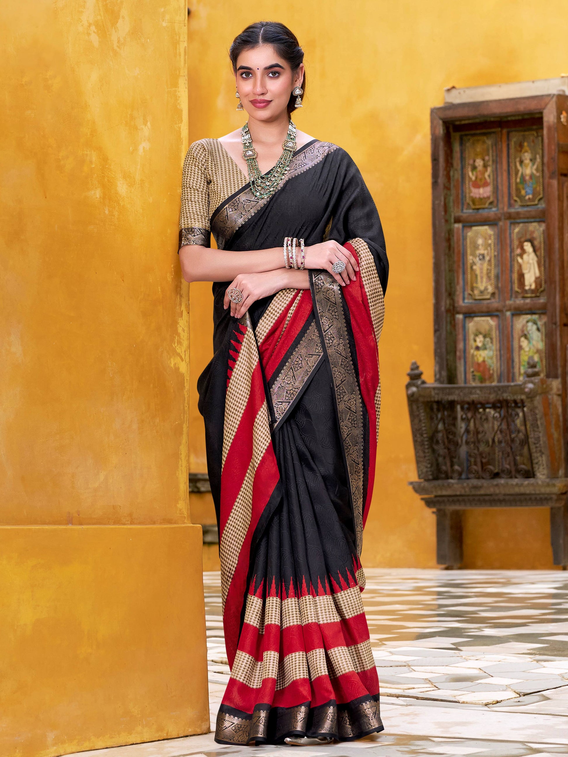 Artistic Black Poly Cotton Printed Casual Wear Saree With Blouse
