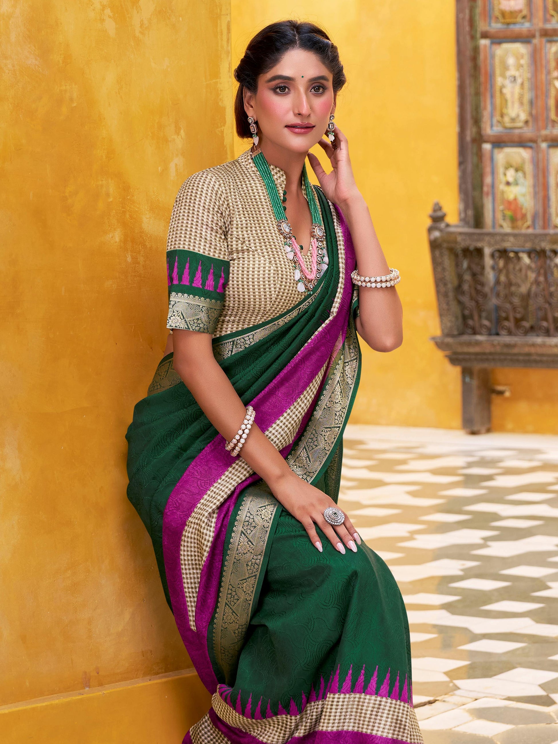 Brilliant Green Zari Weaving Poly Cotton Festival Wear Saree