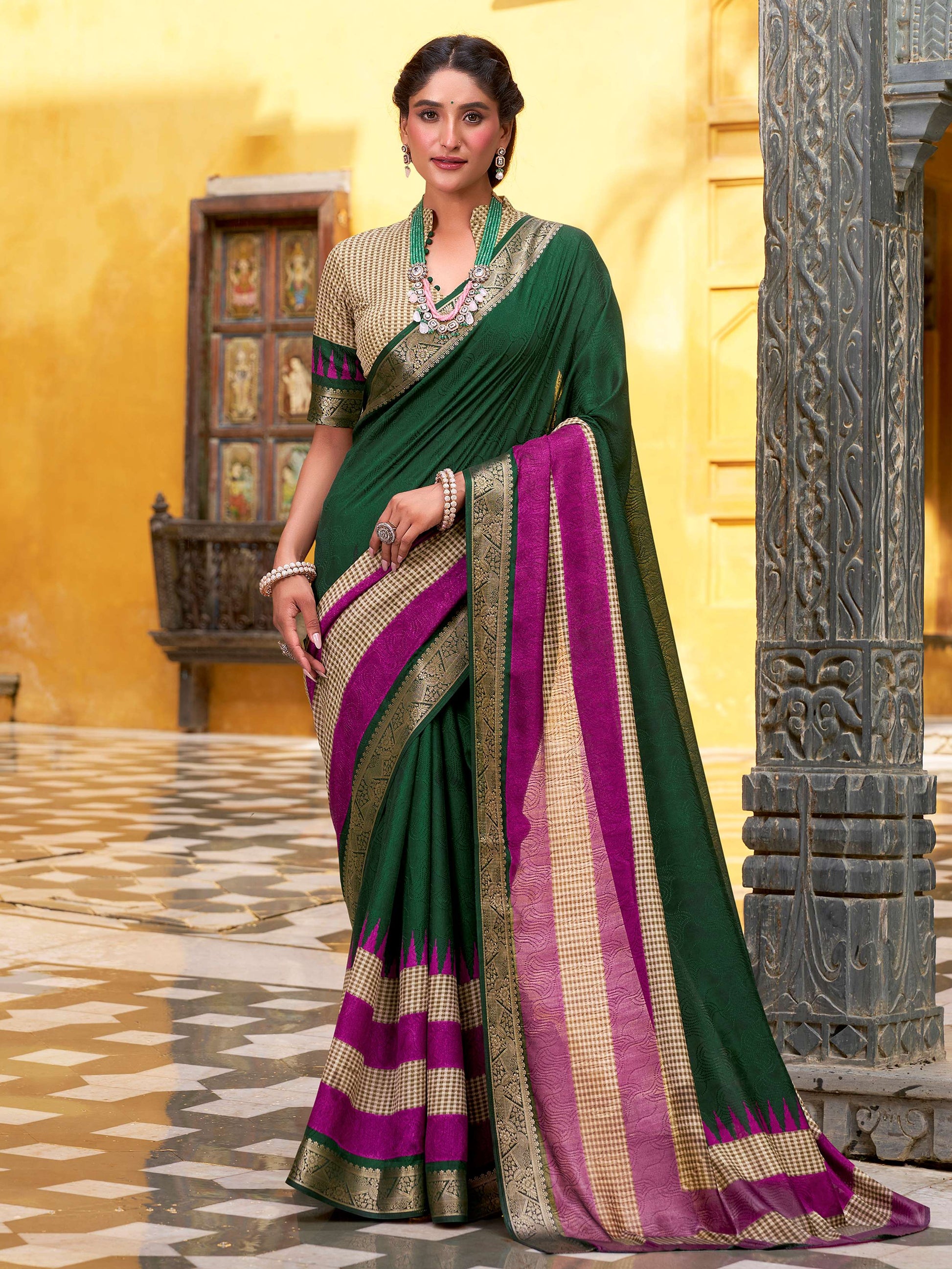 Brilliant Green Zari Weaving Poly Cotton Festival Wear Saree