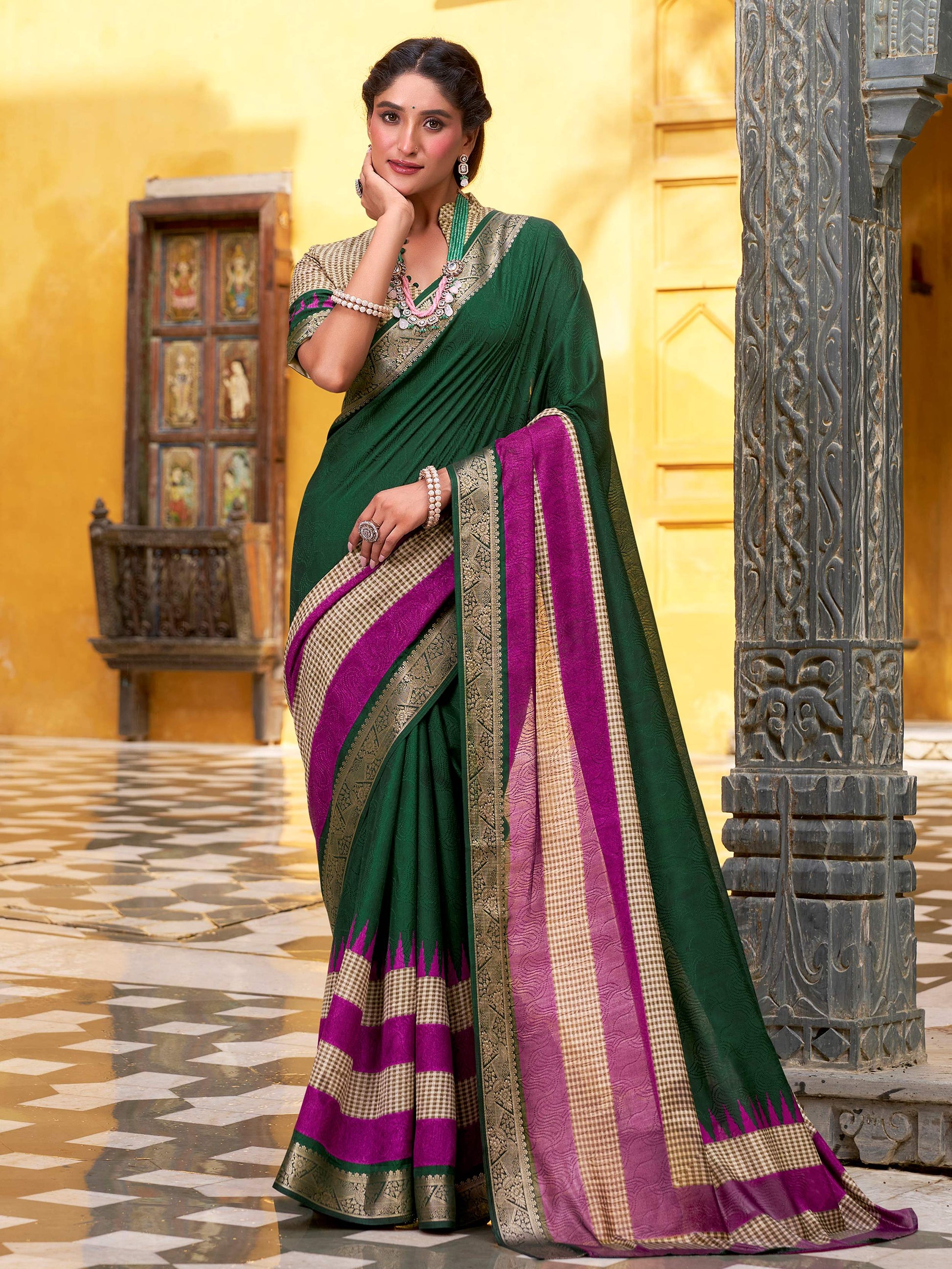 Brilliant Green Zari Weaving Poly Cotton Festival Wear Saree