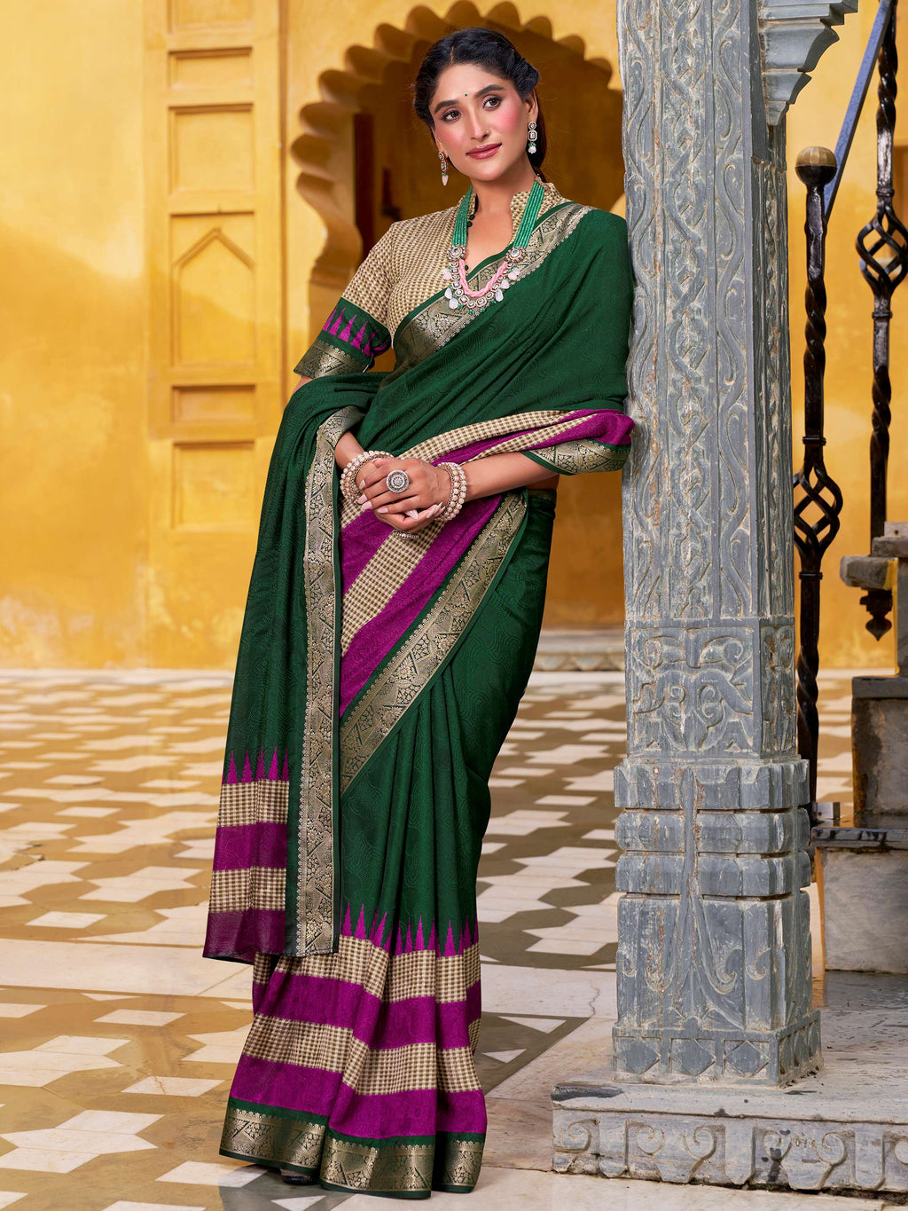Brilliant Green Zari Weaving Poly Cotton Festival Wear Saree