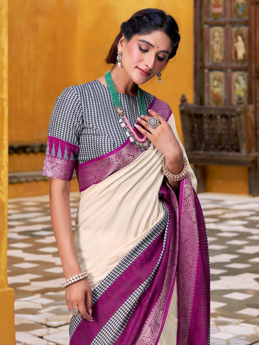 Elegant Off White Poly Cotton Zari Weaving Event Wear Saree
