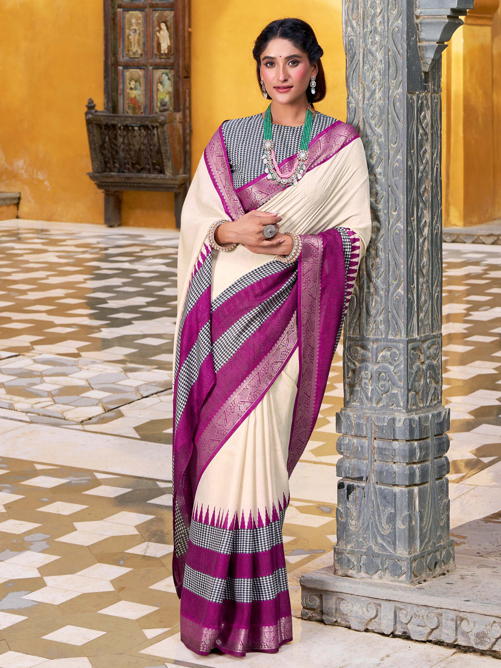 Elegant Off White Poly Cotton Zari Weaving Event Wear Saree