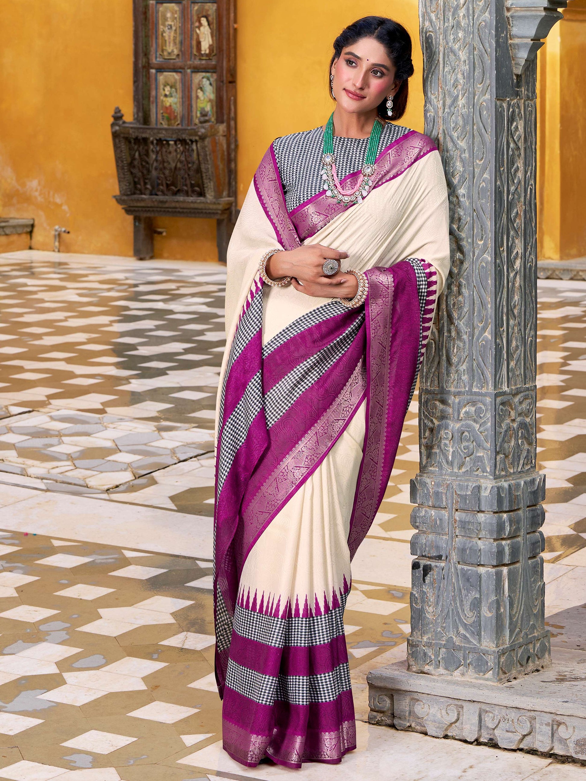 Elegant Off White Poly Cotton Zari Weaving Event Wear Saree