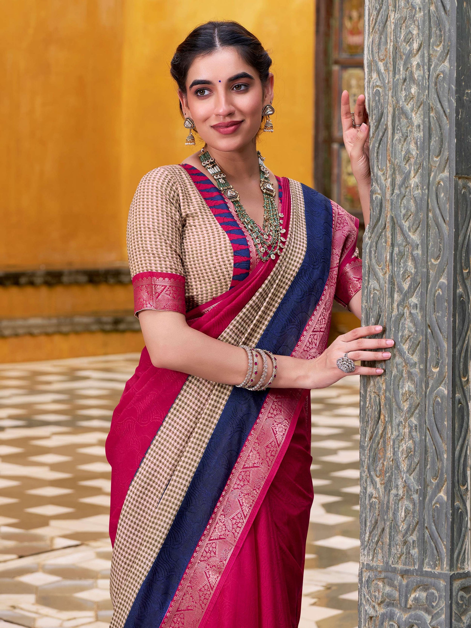 Adorable Pink Cotton Printed Traditional Saree With Blouse