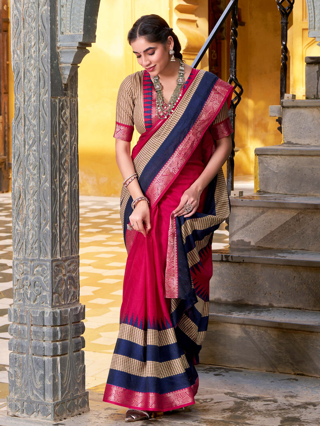 Adorable Pink Cotton Printed Traditional Saree With Blouse