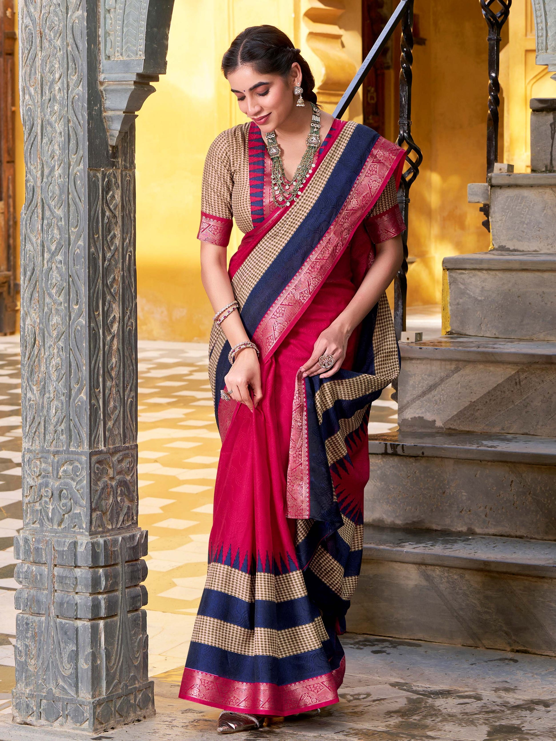Adorable Pink Cotton Printed Traditional Saree With Blouse