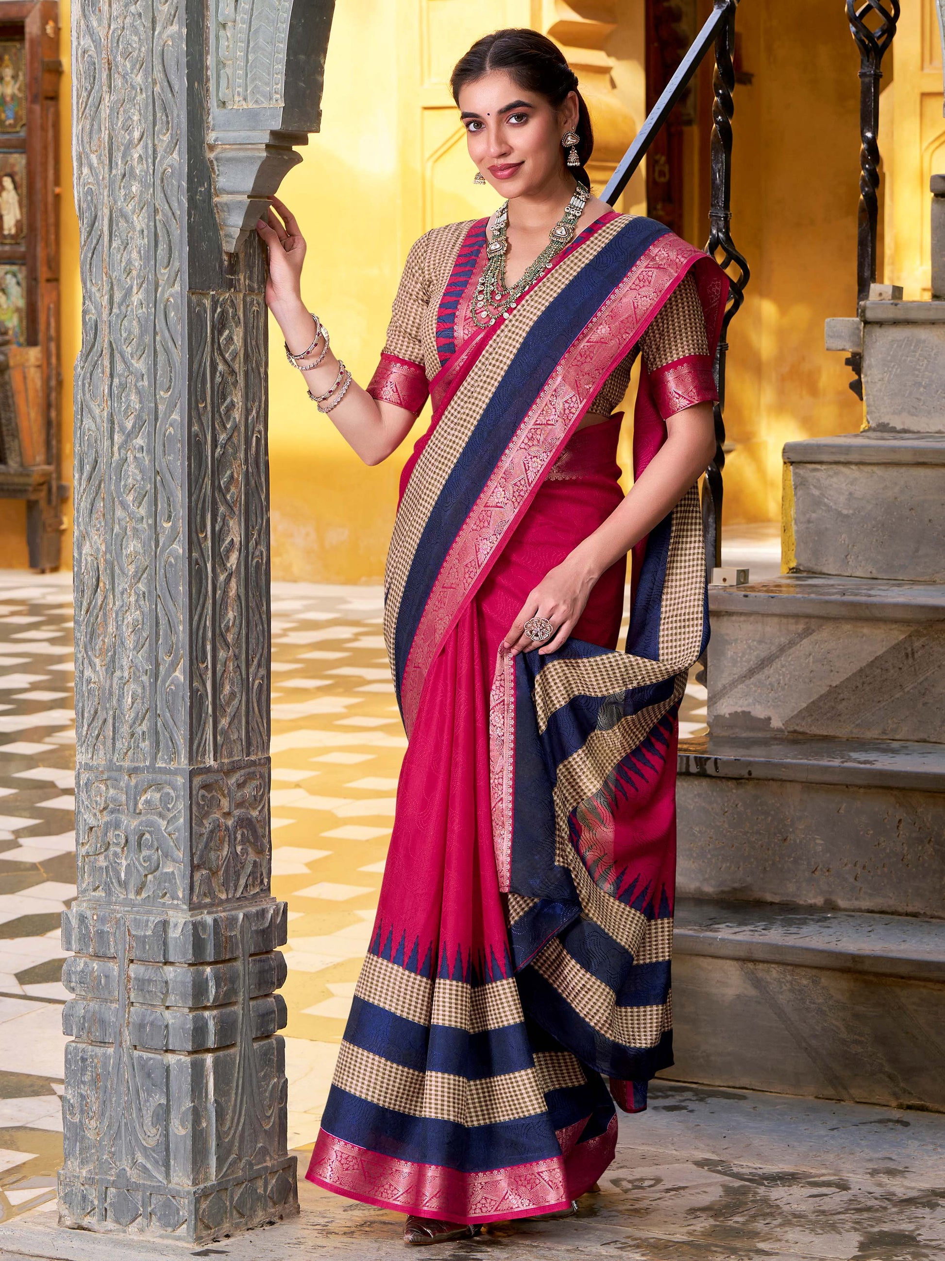 Adorable Pink Cotton Printed Traditional Saree With Blouse