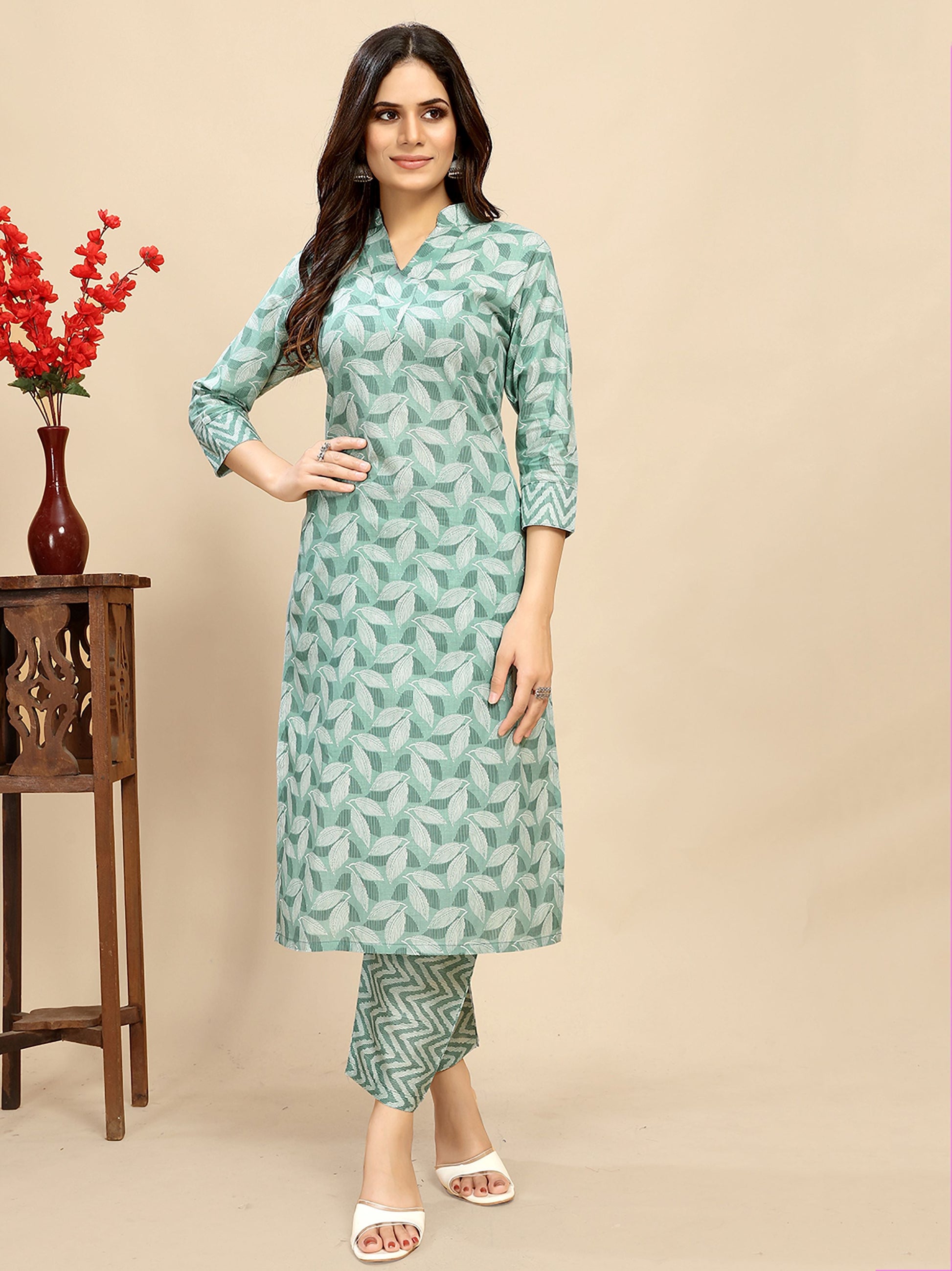 Wonderful Pastel Green Printed Cotton Daily Wear Kurta With Pant