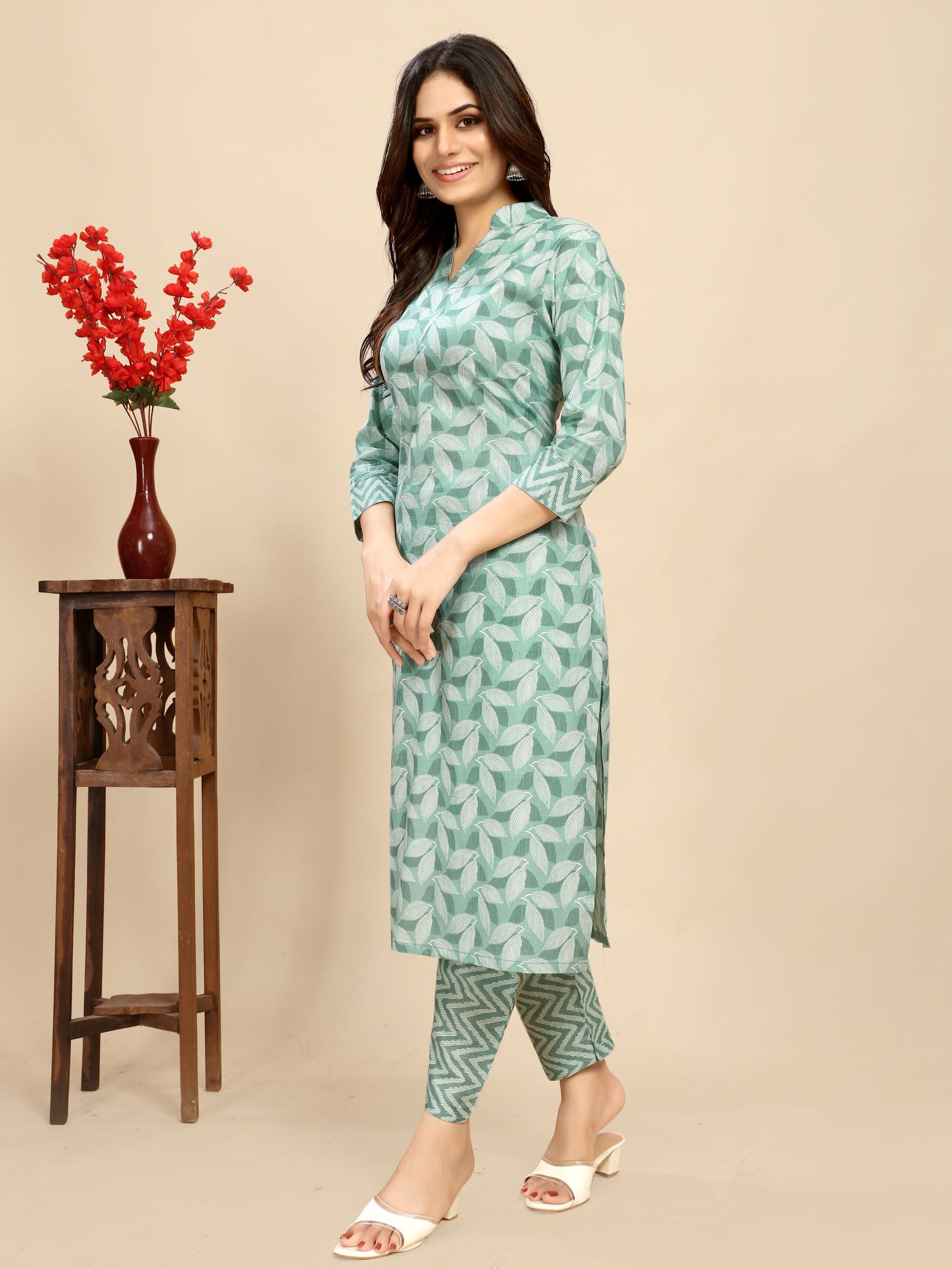 Wonderful Pastel Green Printed Cotton Daily Wear Kurta With Pant