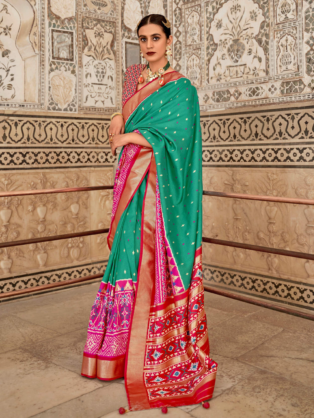 Awesome Green Cotton Patola Printed Traditional Saree With Blouse