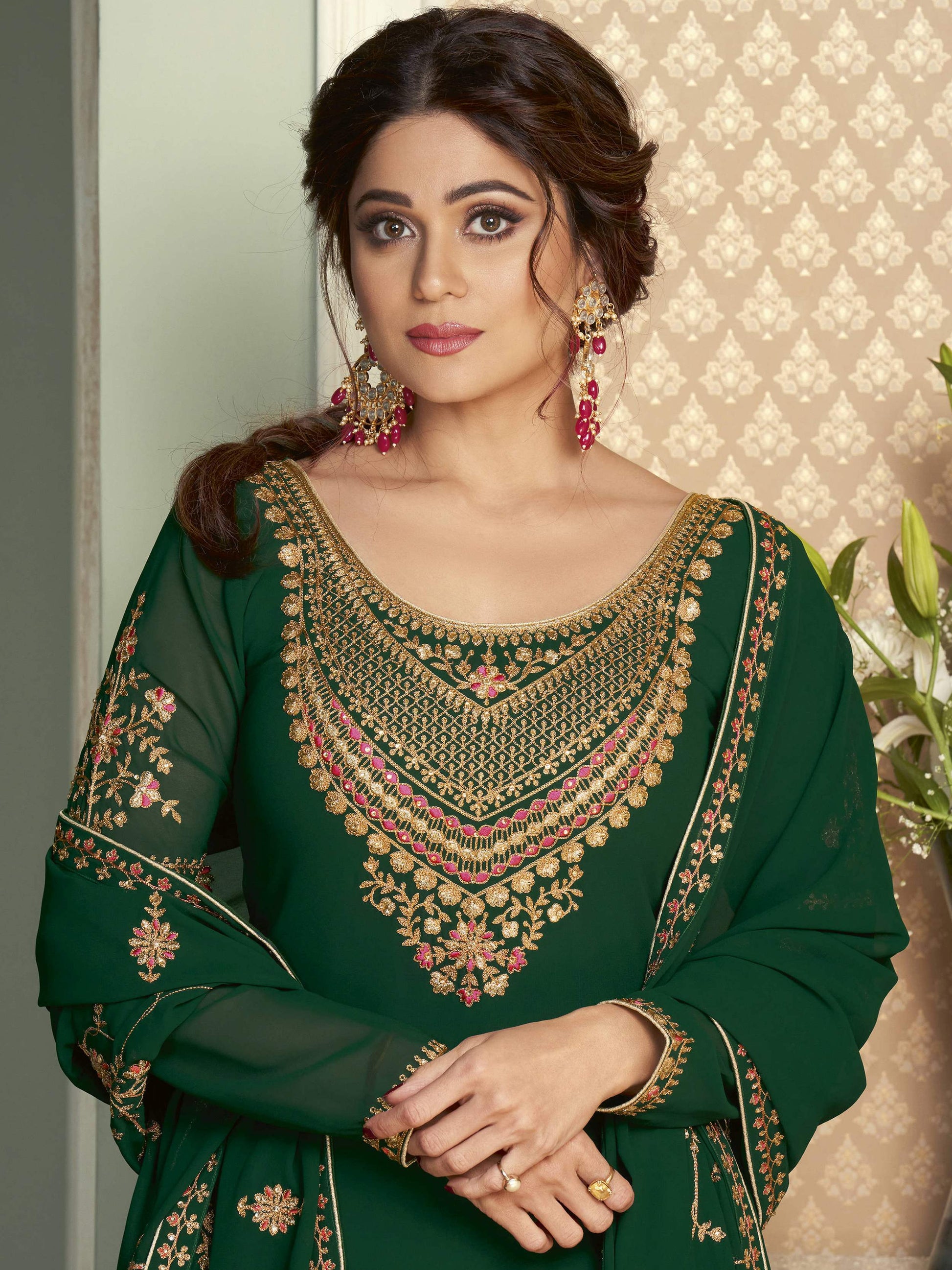 Desirable Green Silk Floral Embroidered Mehendi Wear Suit With Lehenga