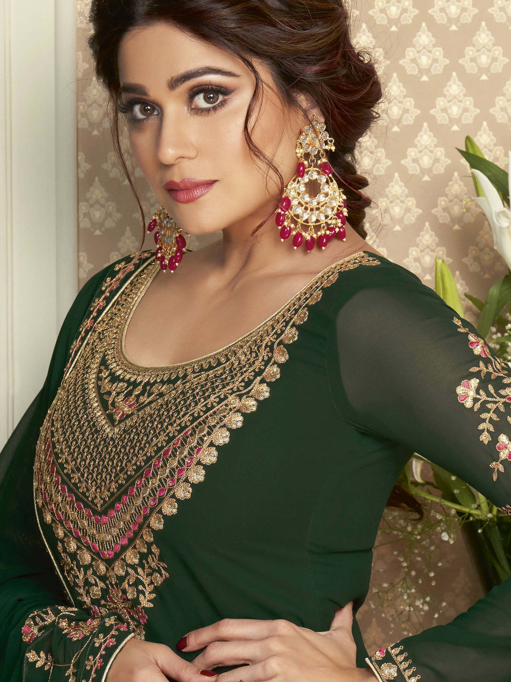 Desirable Green Silk Floral Embroidered Mehendi Wear Suit With Lehenga