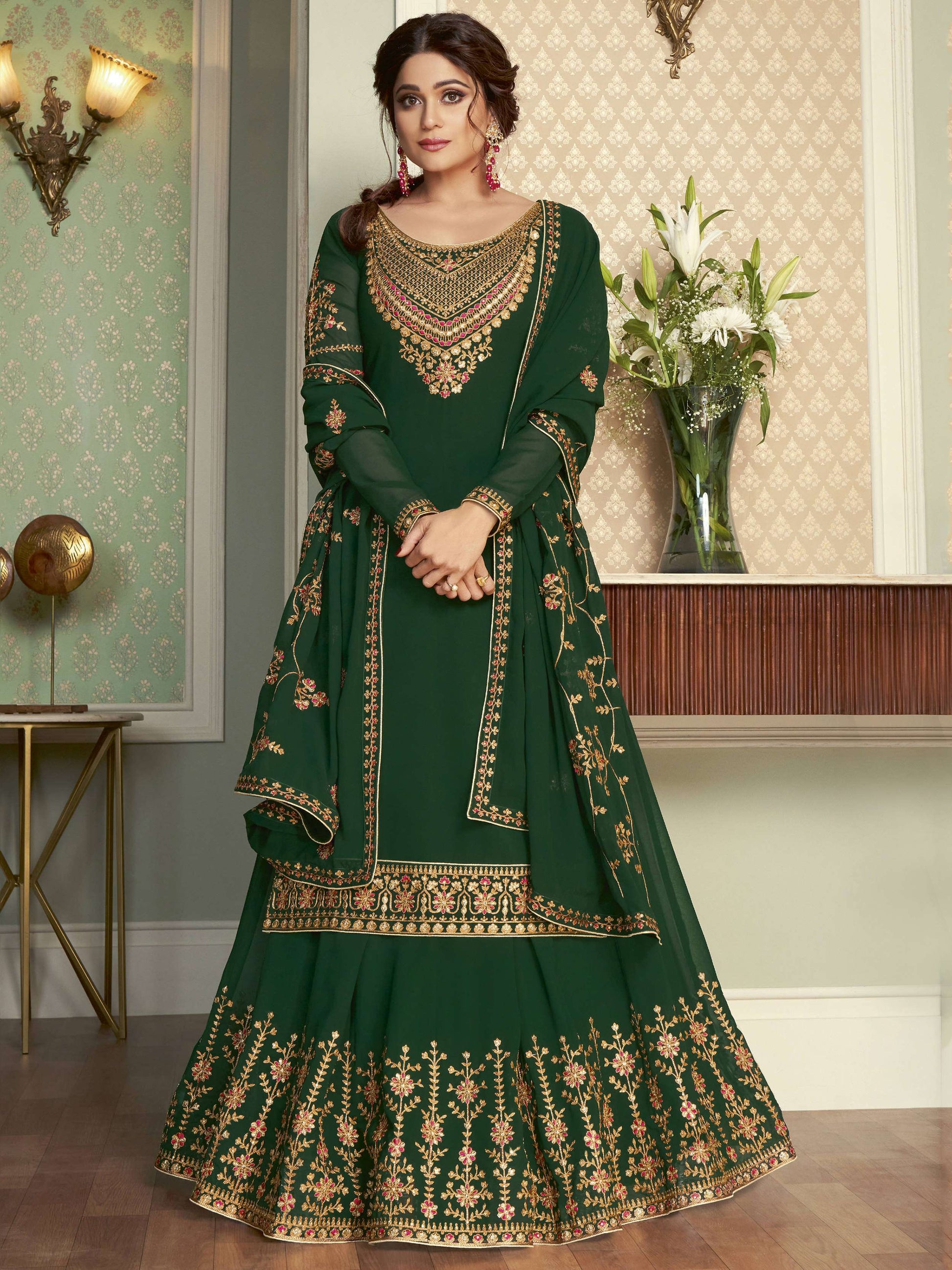 Desirable Green Silk Floral Embroidered Mehendi Wear Suit With Lehenga