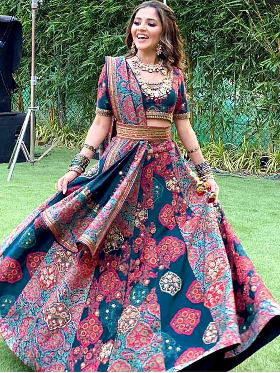 Attractive Blue Silk Digital Printed Function Wear Lehenga Choli