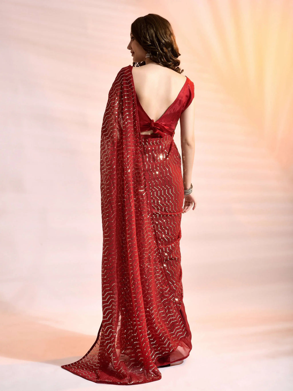 Beautiful Red Georgette Sequins Reception Wear Saree With Blouse