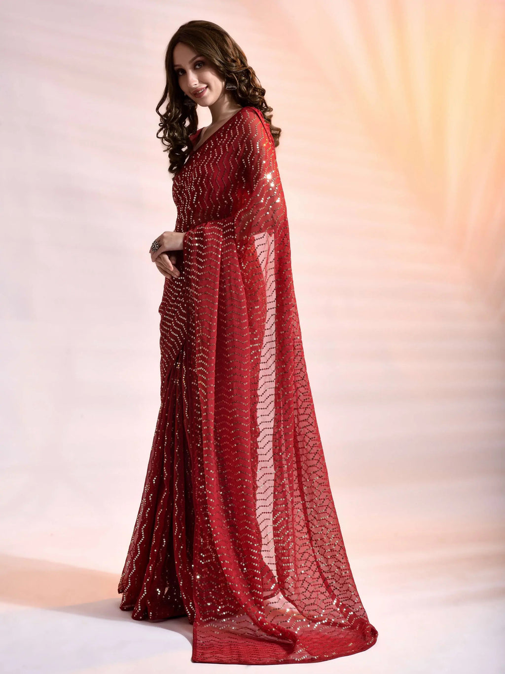 Beautiful Red Georgette Sequins Reception Wear Saree With Blouse