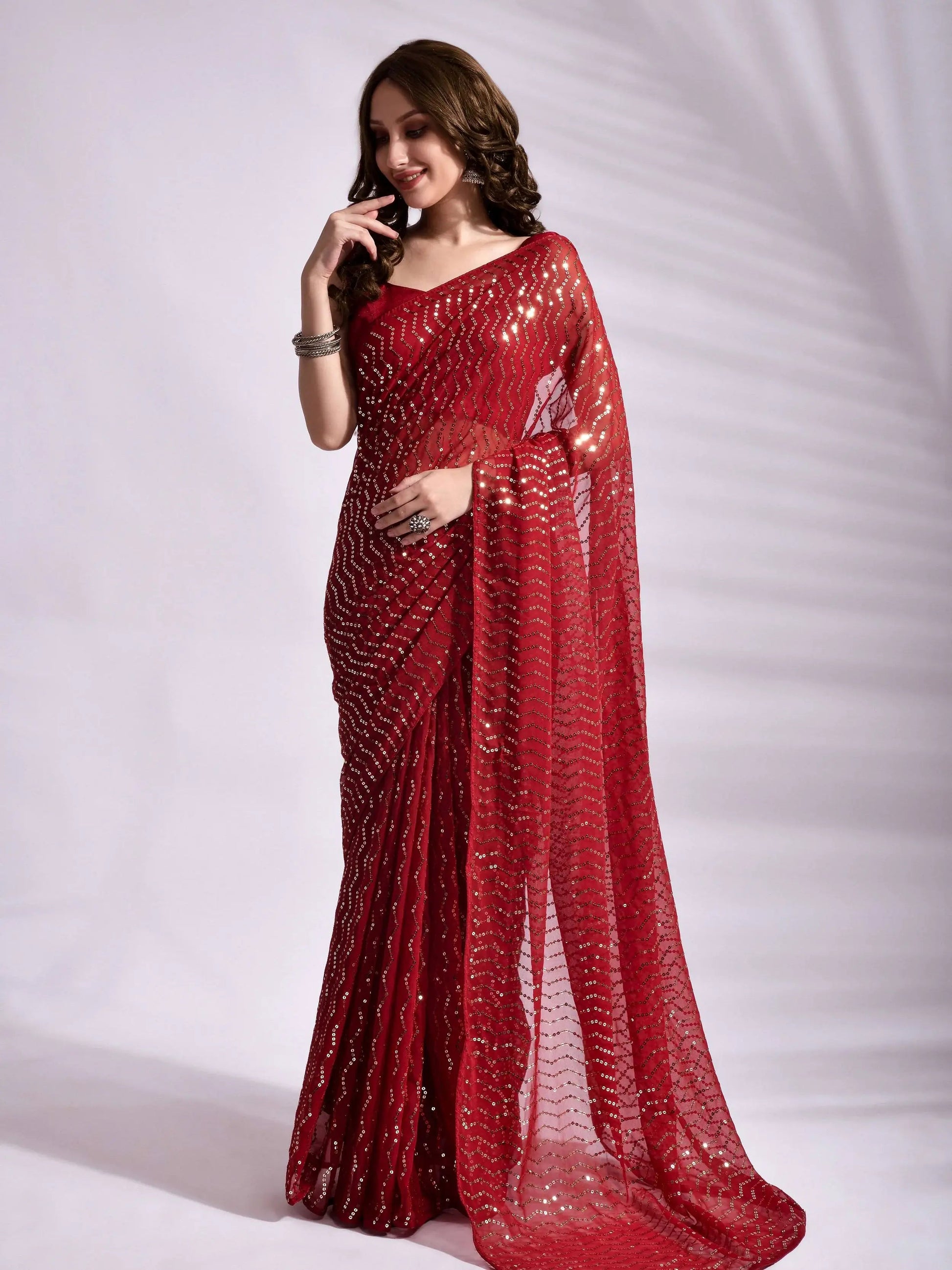 Beautiful Red Georgette Sequins Reception Wear Saree With Blouse