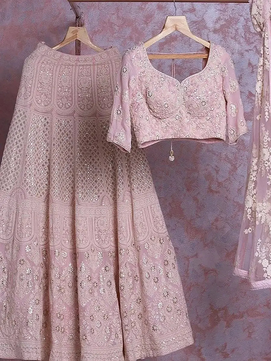 Magnetic Pink Georgette Floral Embroidered Lehenga Choli With Dupatta