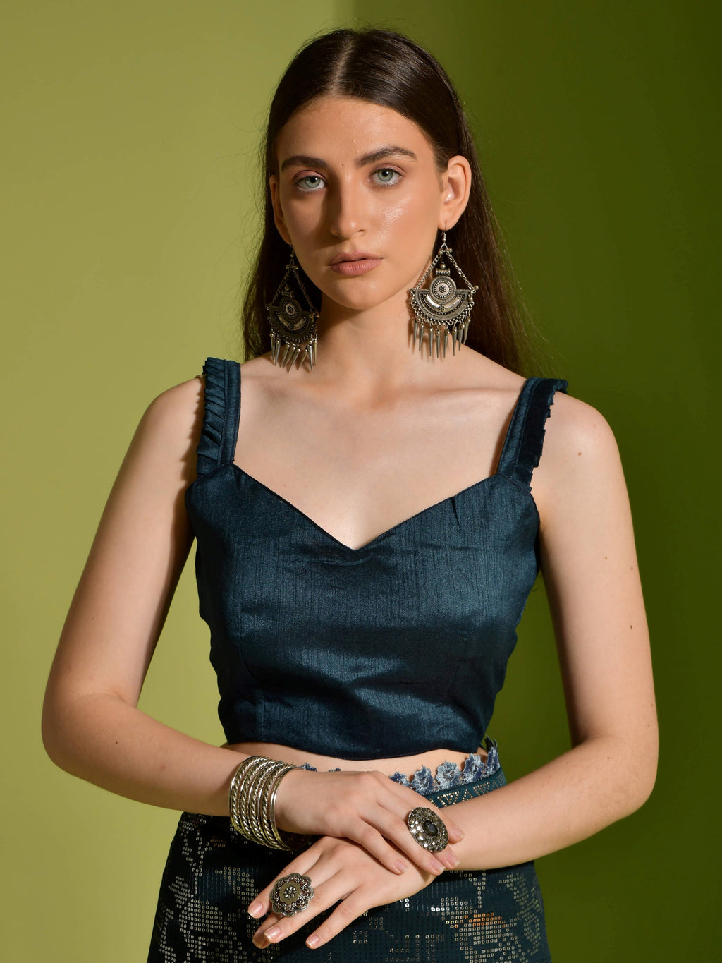 Stunning Teal Blue Georgette Sequins Festive Wear Saree With Blouse