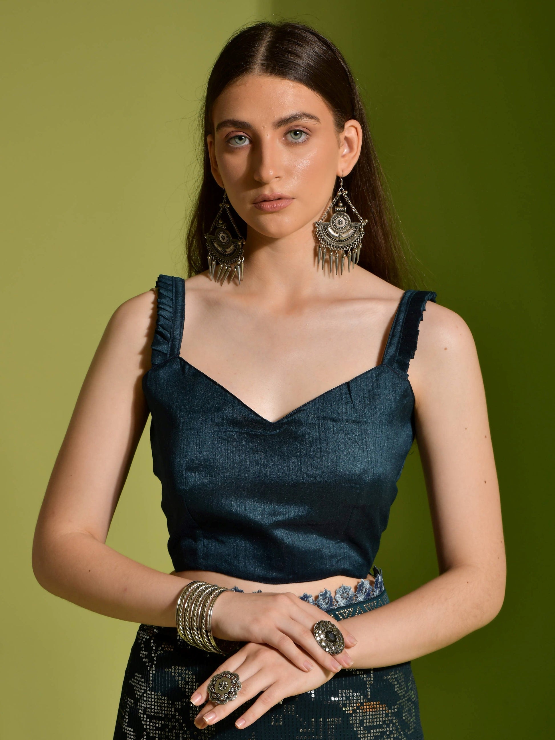 Stunning Teal Blue Georgette Sequins Festive Wear Saree With Blouse