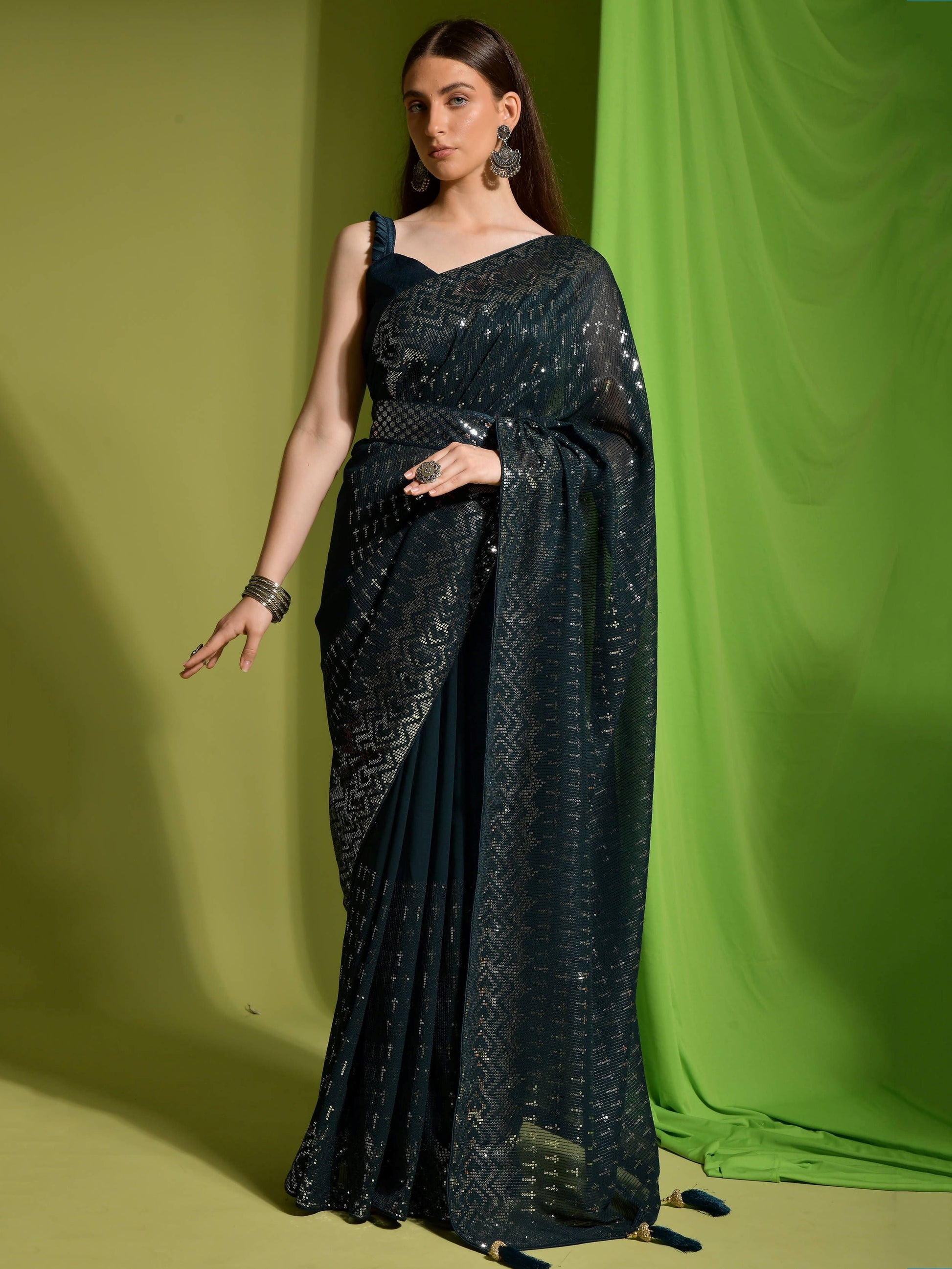 Stunning Teal Blue Georgette Sequins Festive Wear Saree With Blouse
