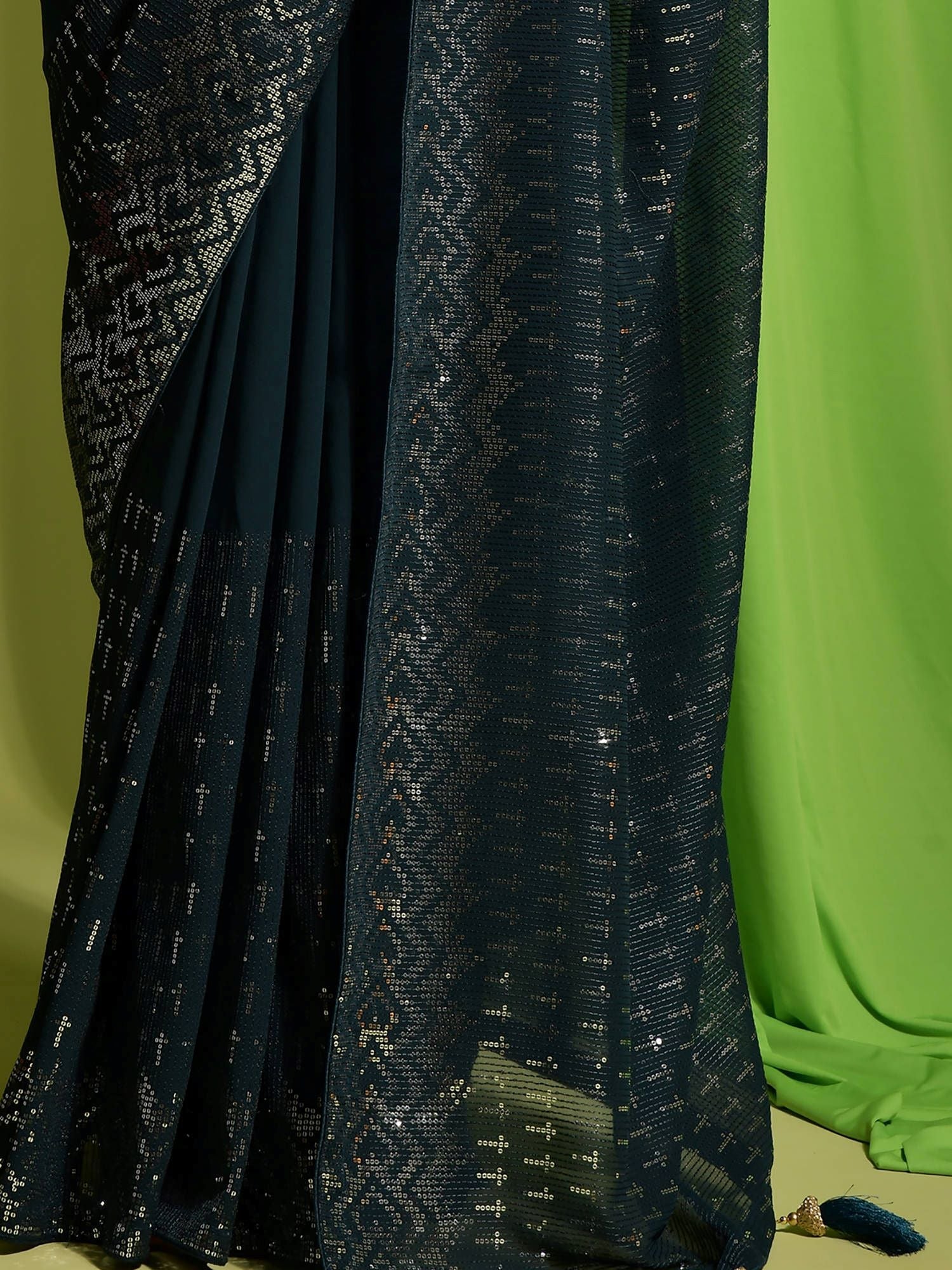 Stunning Teal Blue Georgette Sequins Festive Wear Saree With Blouse