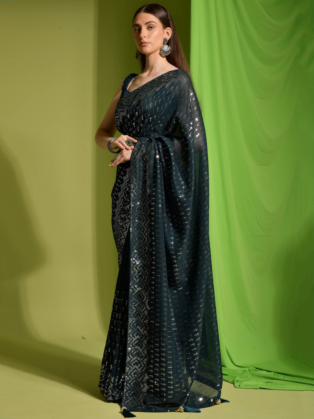 Stunning Teal Blue Georgette Sequins Festive Wear Saree With Blouse
