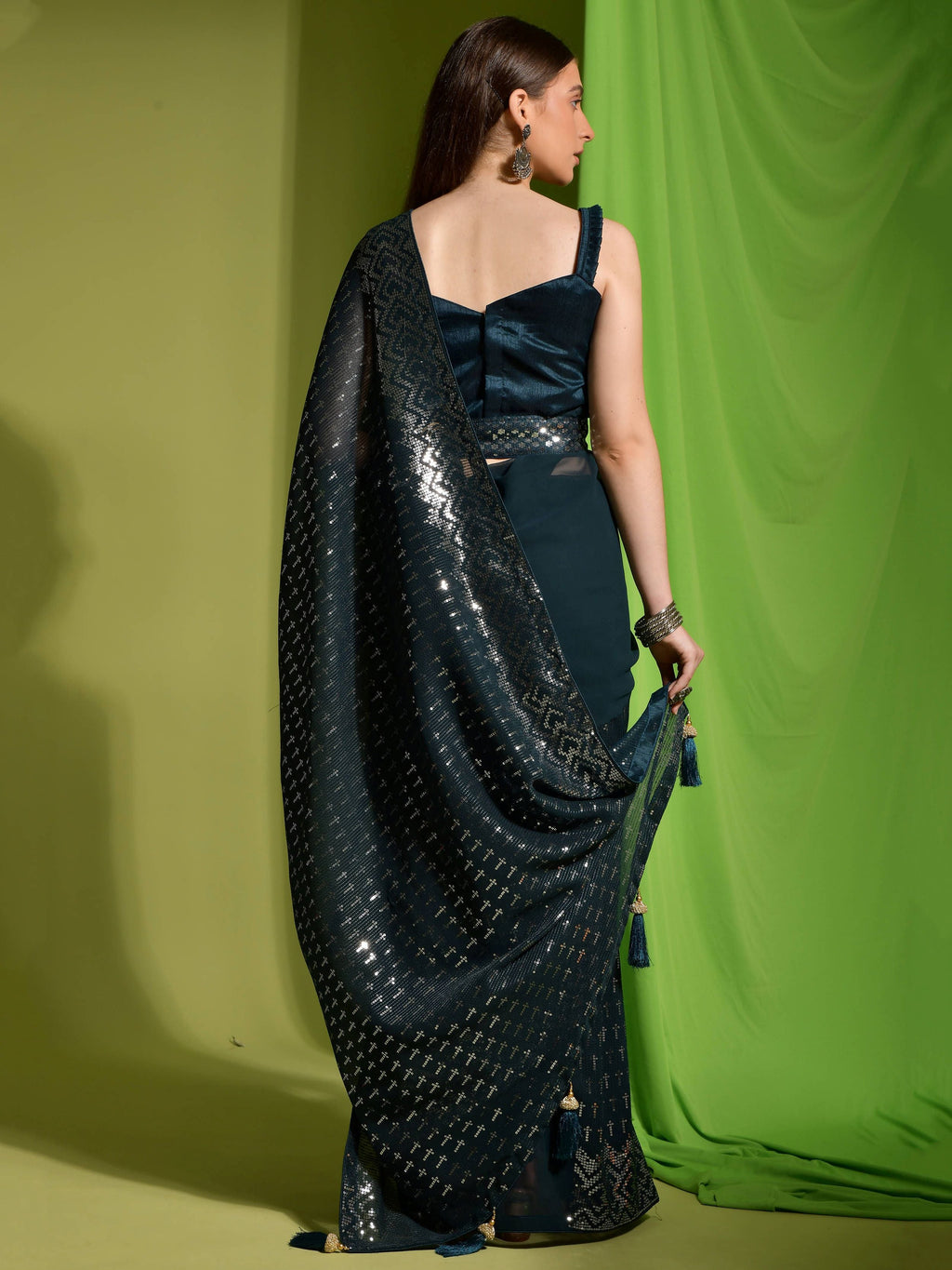 Stunning Teal Blue Georgette Sequins Festive Wear Saree With Blouse