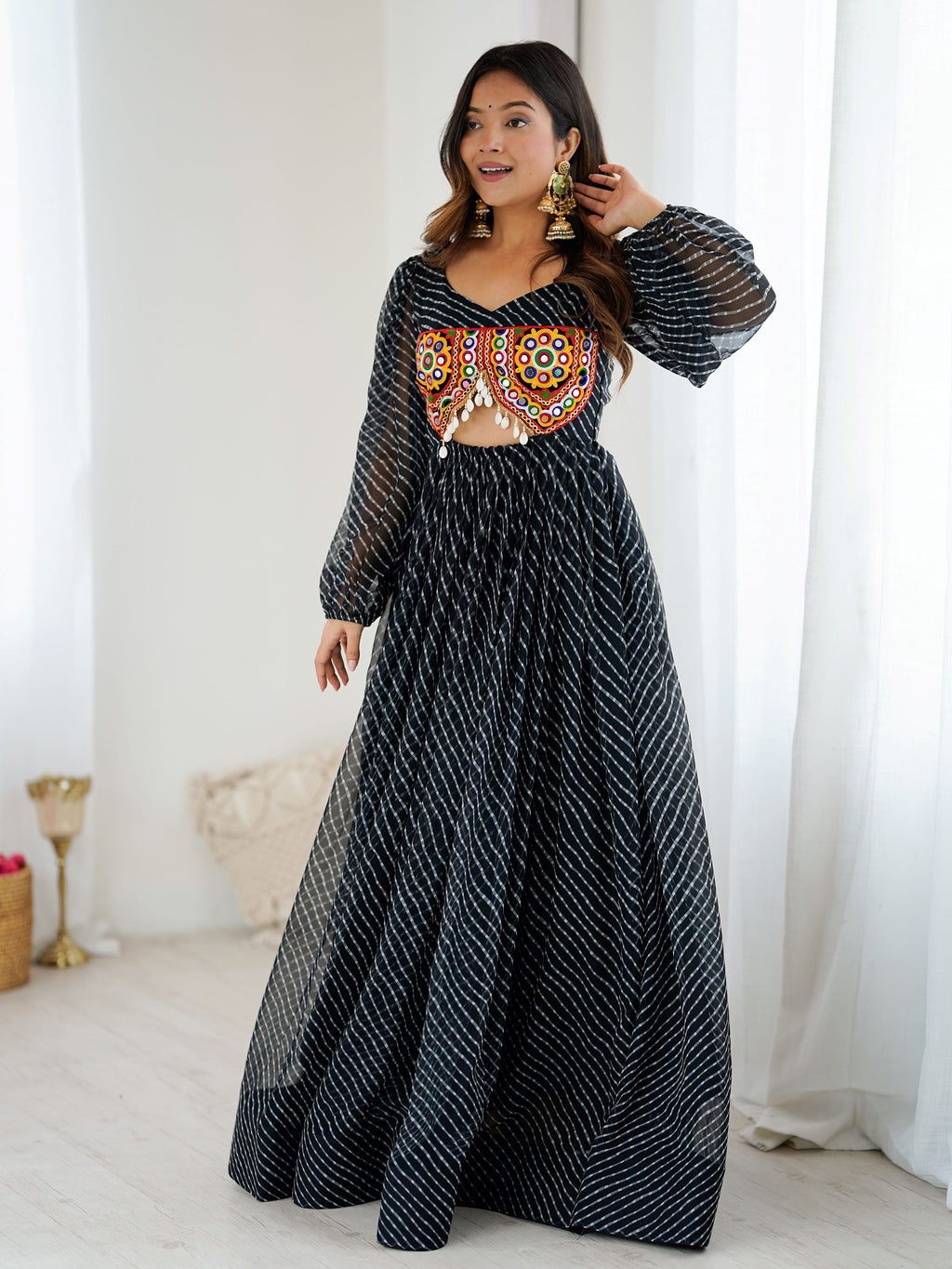 Pretty Black Georgette Printed Navratri Special Gown